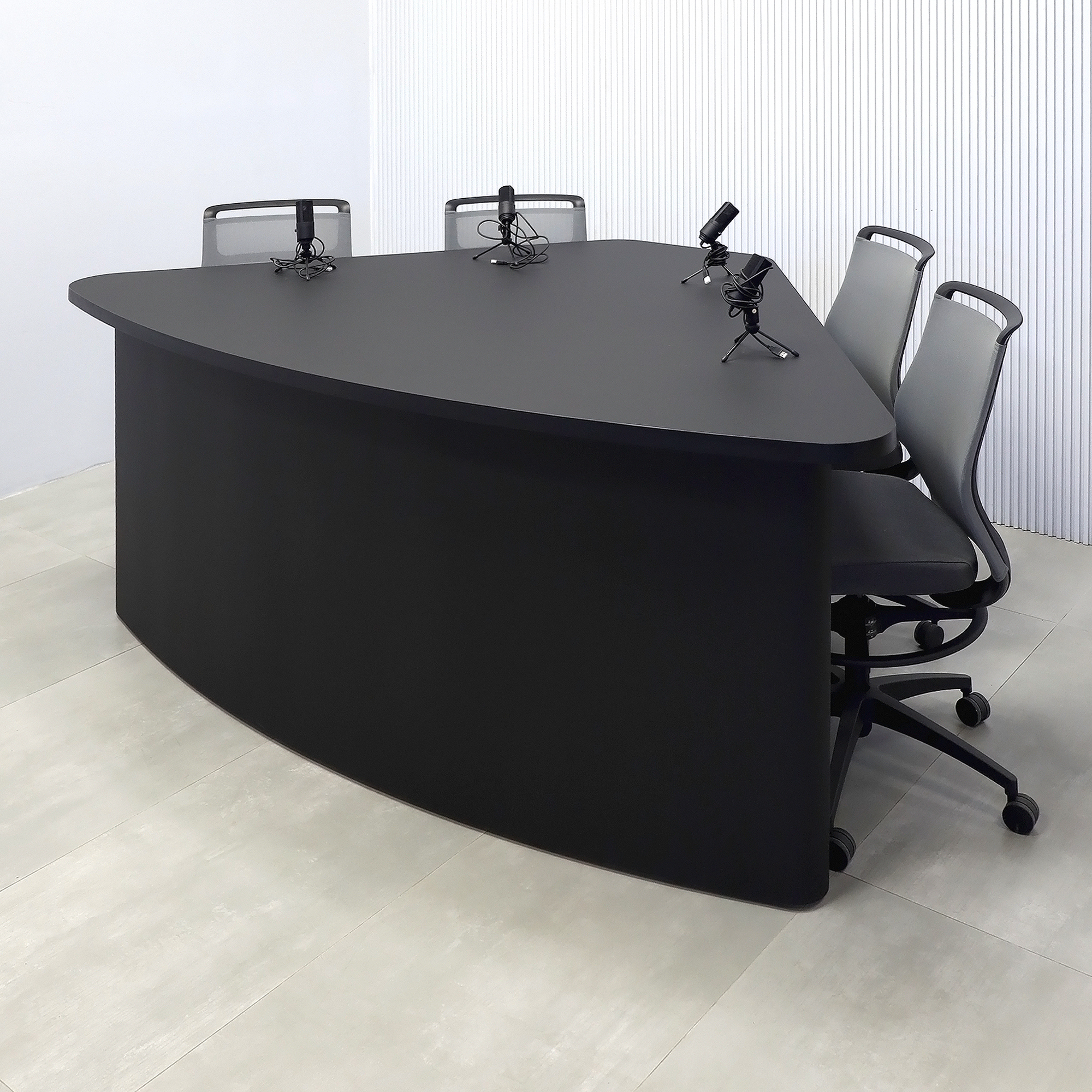 90-inch Madison Custom Podcast Table with Black Traceless laminate top, black traceless laminate base, and Colored LED.