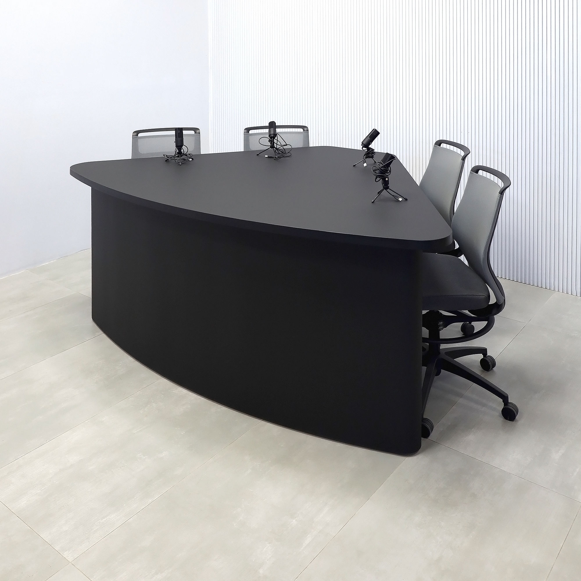 90-inch Madison Custom Podcast Table with Black Traceless laminate top, black traceless laminate base, and Colored LED.