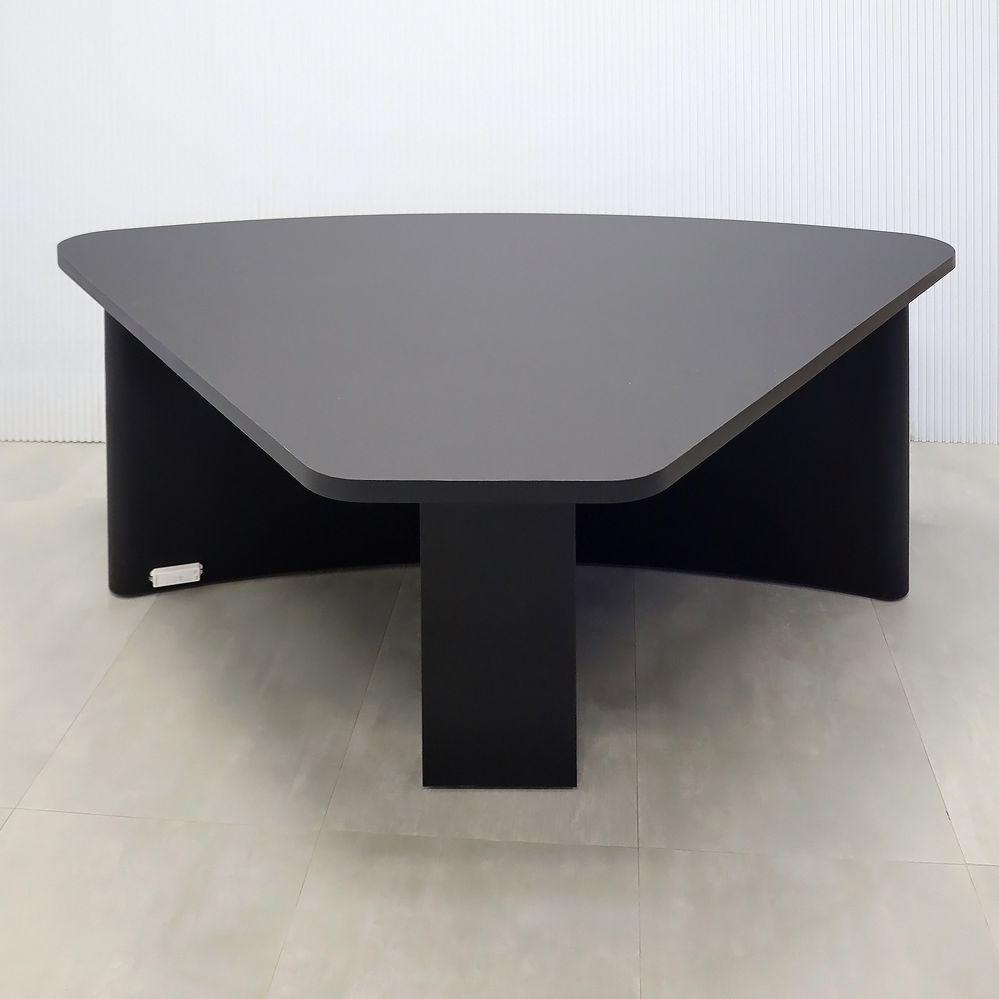 90-inch Madison Custom Podcast Table with Black Traceless laminate top, black traceless laminate base, and Colored LED.