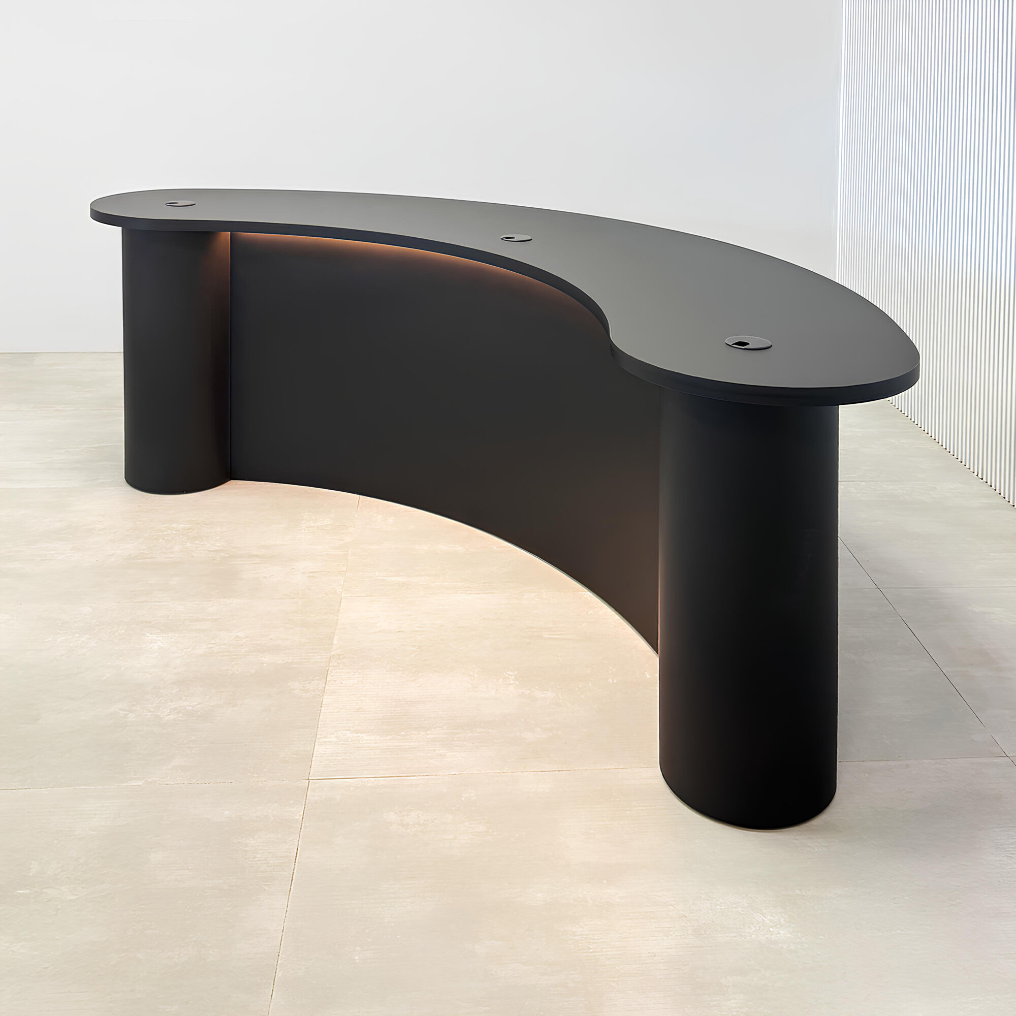 90-inch Rochester Custom Podcast Table with black traceless laminate top, black traceless laminate front of the base, black matte laminate back of the base, and warm white LED. 