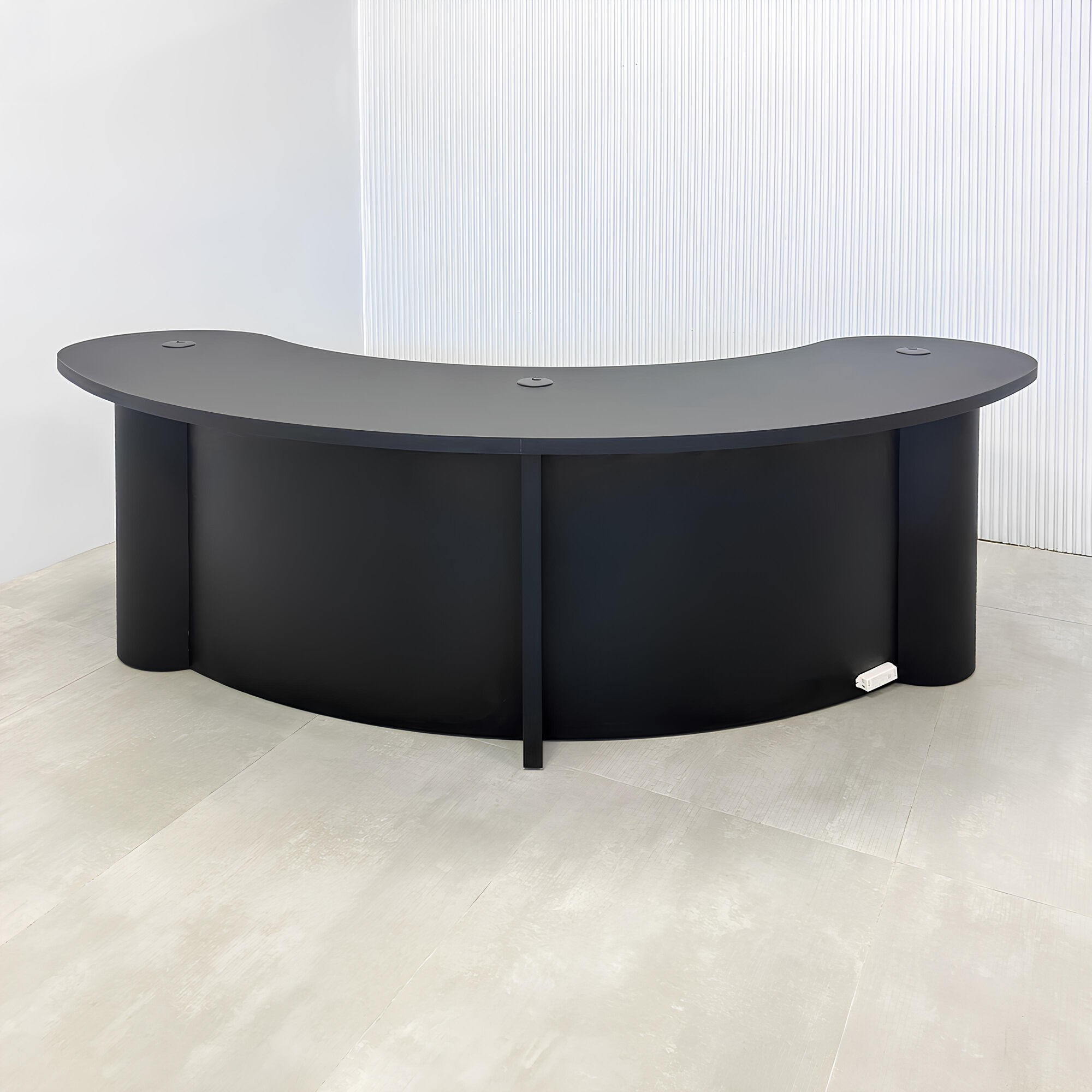 90-inch Rochester Custom Podcast Table with black traceless laminate top, black traceless laminate front of the base, black matte laminate back of the base, and warm white LED. 