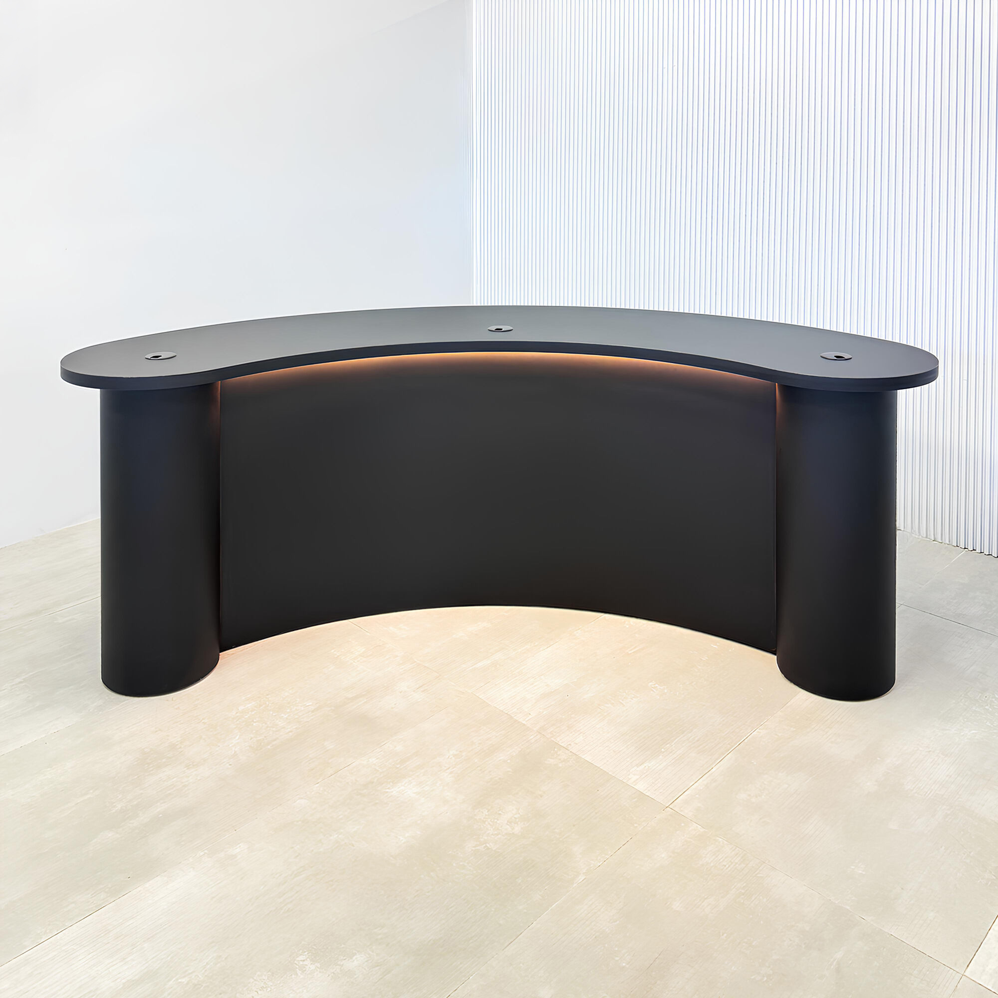 90-inch Rochester Custom Podcast Table with black traceless laminate top, black traceless laminate front of the base, black matte laminate back of the base, and warm white LED. 