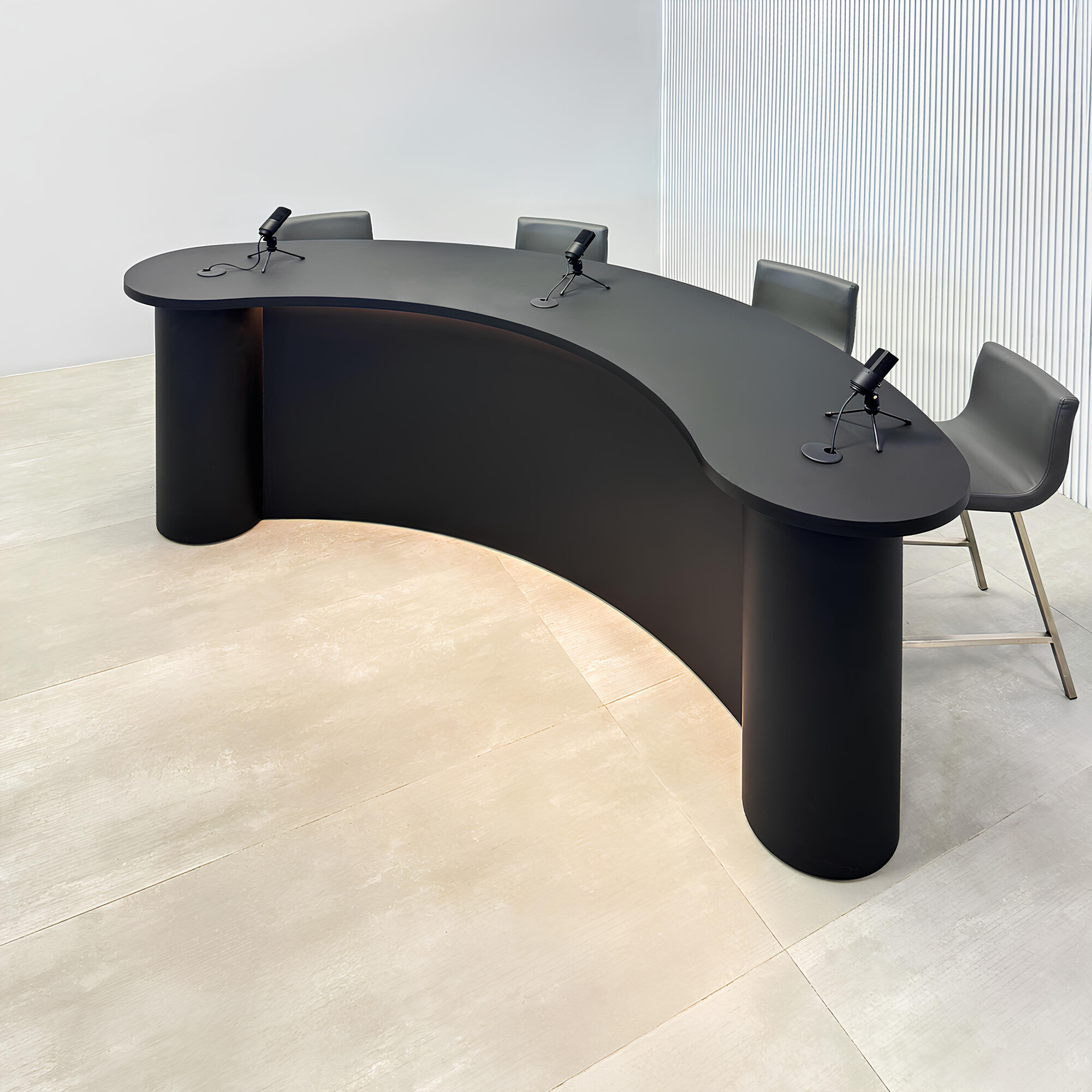 90-inch Rochester Custom Podcast Table with black traceless laminate top, black traceless laminate front of the base, black matte laminate back of the base, and warm white LED. 