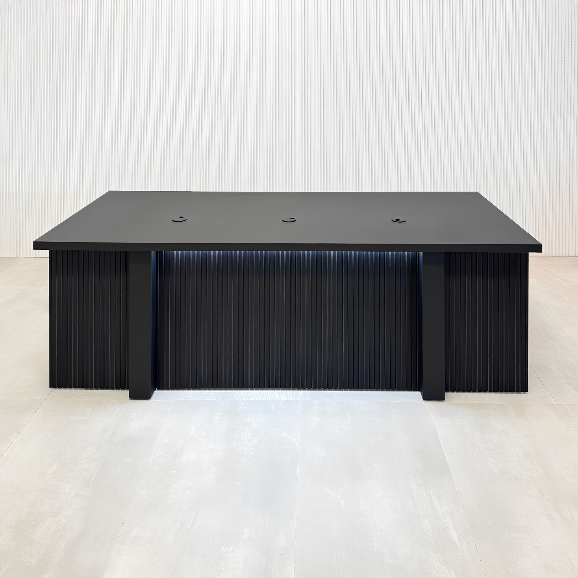 90-inch Savannah Handmade Podcast Table with black traceless laminate top & back, black traceless tambour front, and white LED.