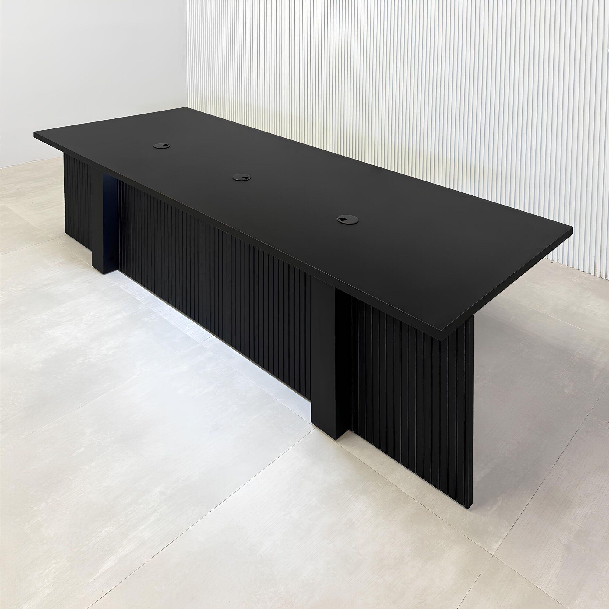 90-inch Savannah Handmade Podcast Table with black traceless laminate top & back, black traceless tambour front, and white LED.