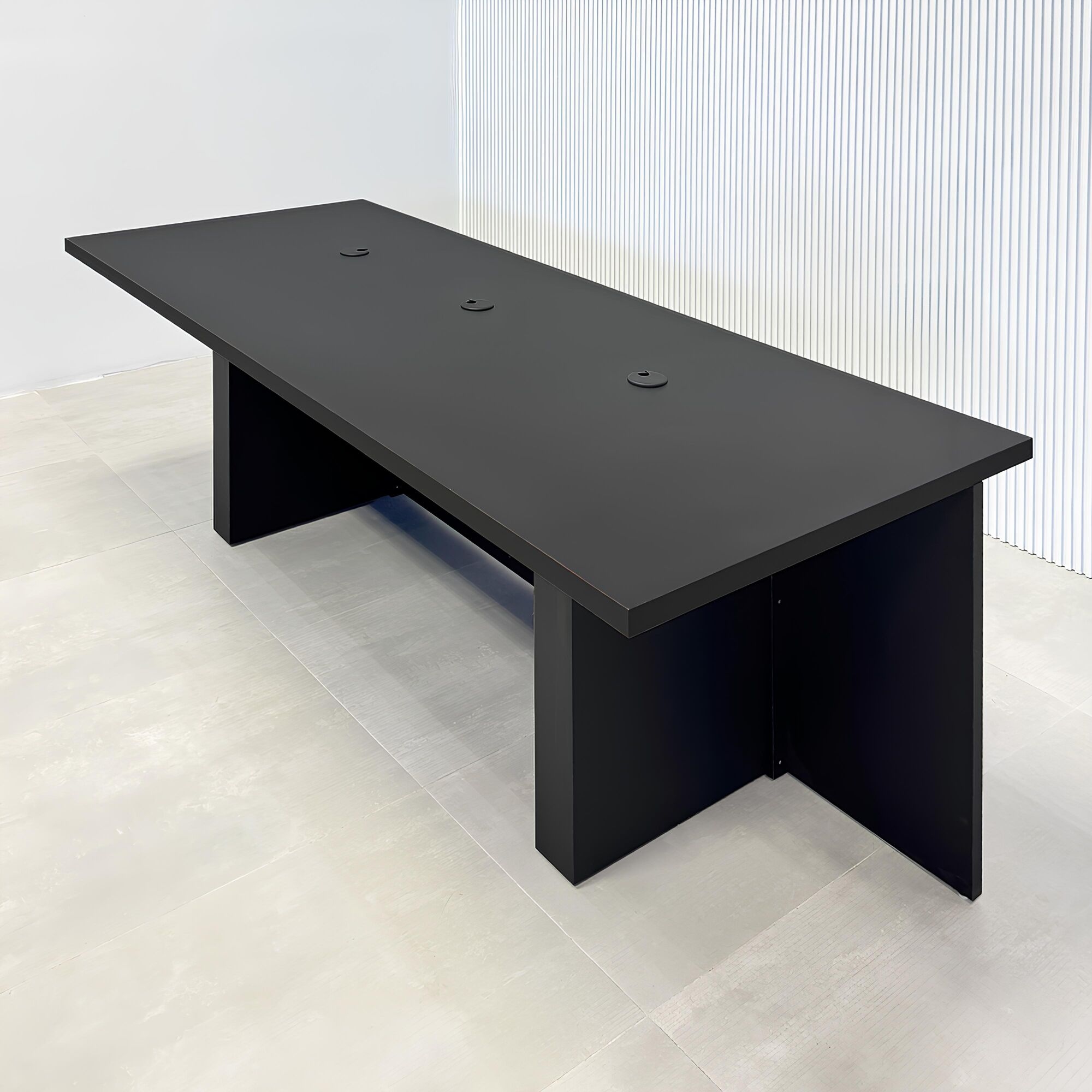 90-inch Savannah Handmade Podcast Table with black traceless laminate top & back, black traceless tambour front, and white LED.