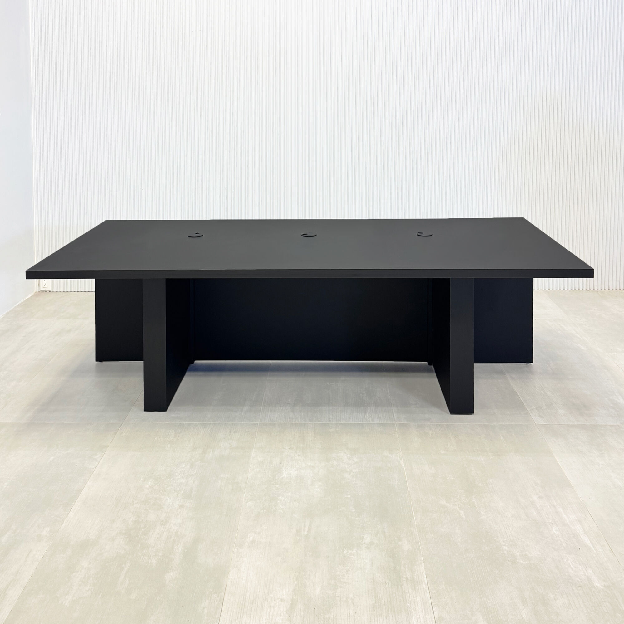 90-inch Savannah Handmade Podcast Table with black traceless laminate top & back, black traceless tambour front, and white LED.
