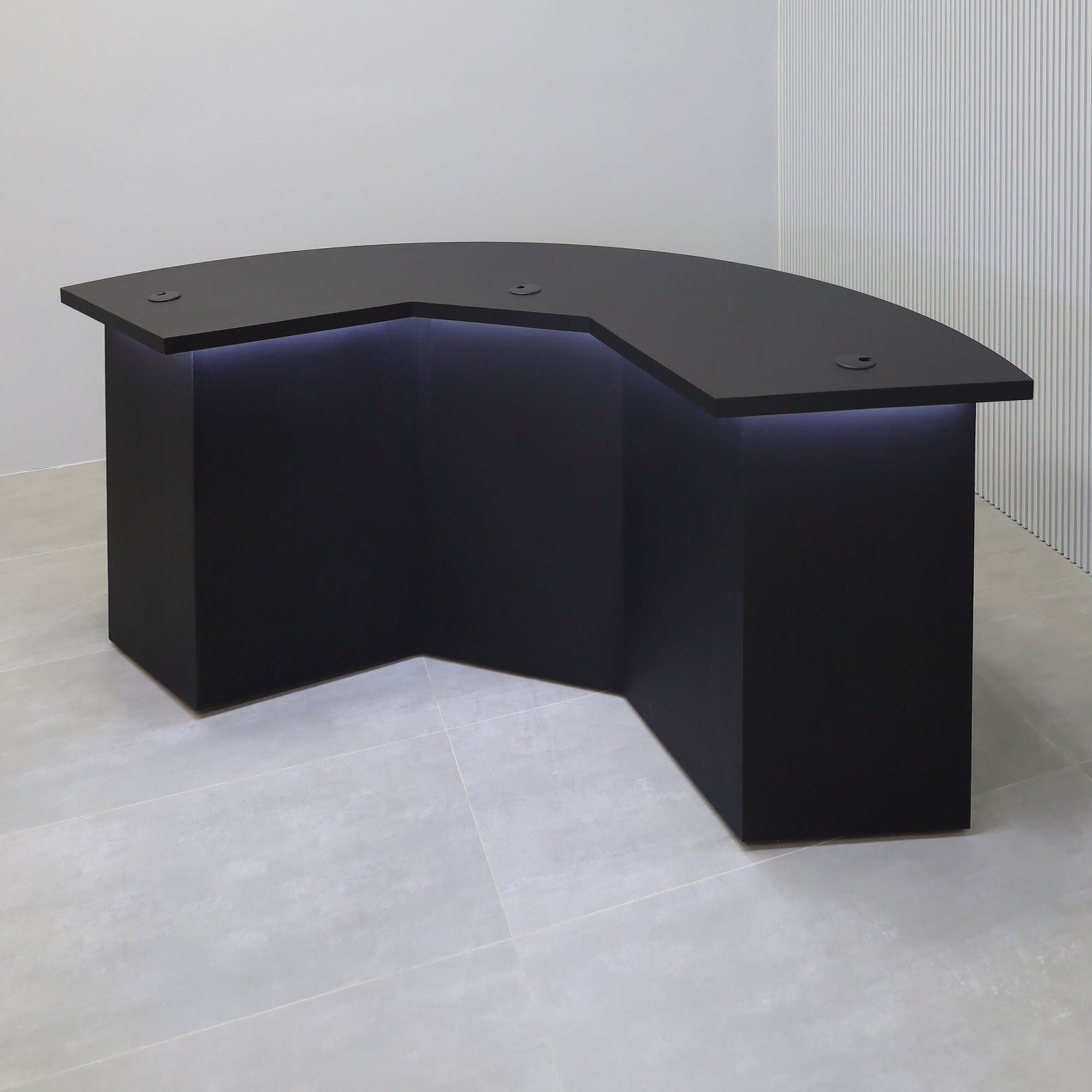 90-inch Tampa Bay Custom Handmade Podcast Table in BLACK TRACELESS laminate top & front base, and black matte laminate back base, with warm white LED.