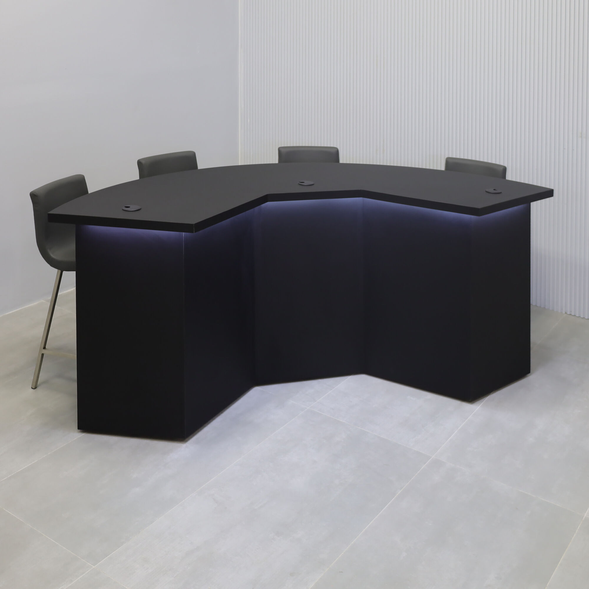 90-inch Tampa Bay Custom Handmade Podcast Table in BLACK TRACELESS laminate top & front base, and black matte laminate back base, with warm white LED.