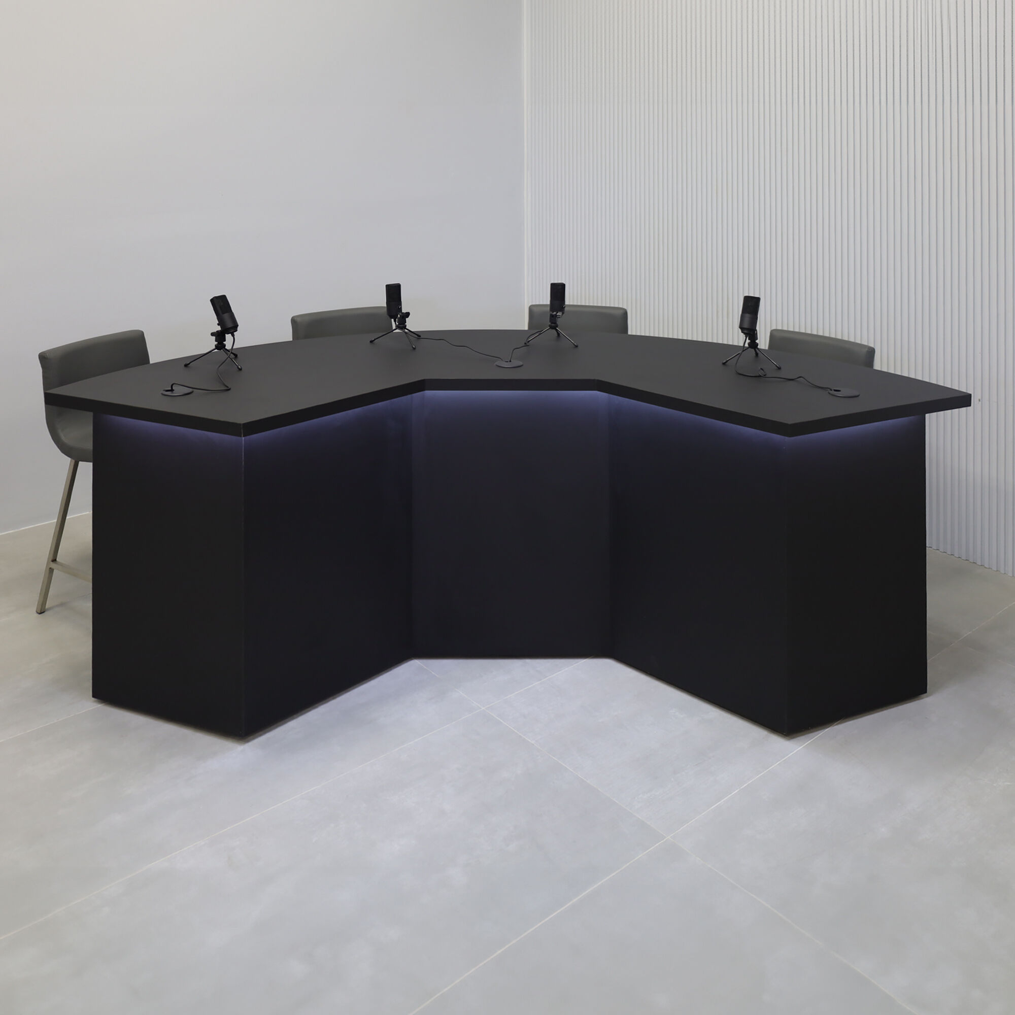 90-inch Tampa Bay Custom Handmade Podcast Table in BLACK TRACELESS laminate top & front base, and black matte laminate back base, with warm white LED.
