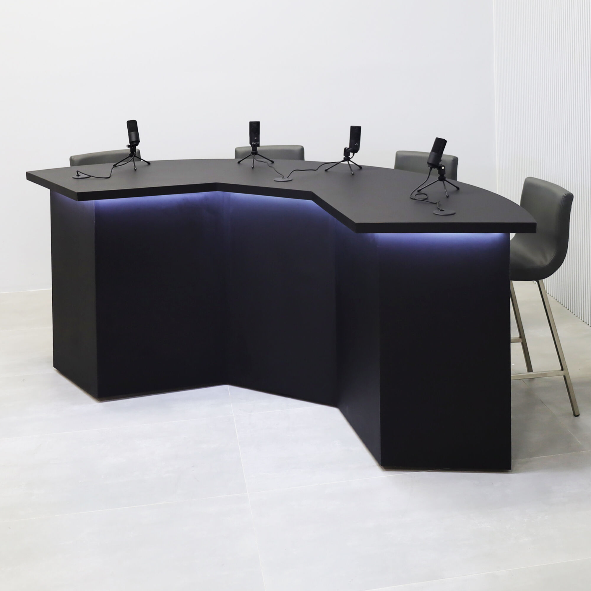 90-inch Tampa Bay Custom Handmade Podcast Table in BLACK TRACELESS laminate top & front base, and black matte laminate back base, with warm white LED.