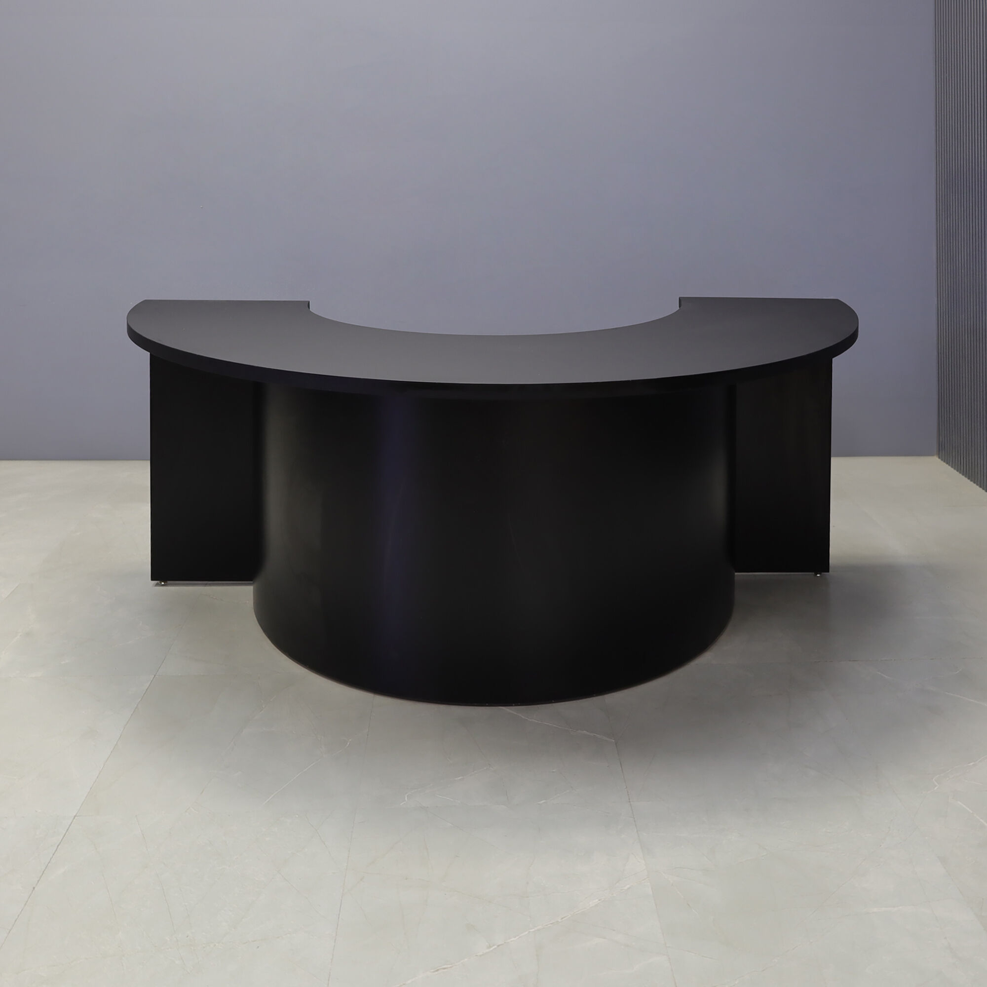 90-inch Handmade Custom Modern Podcast Table Half Moon in black traceless laminate top & front base, and black matte laminate back base.