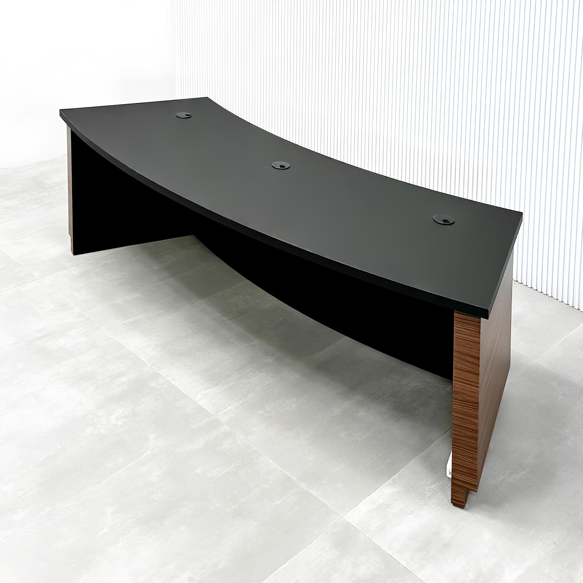 90-inch Seattle Podcast Table with black traceless laminate top, black matte laminate inside, walnut heights laminate front, and white LED.
