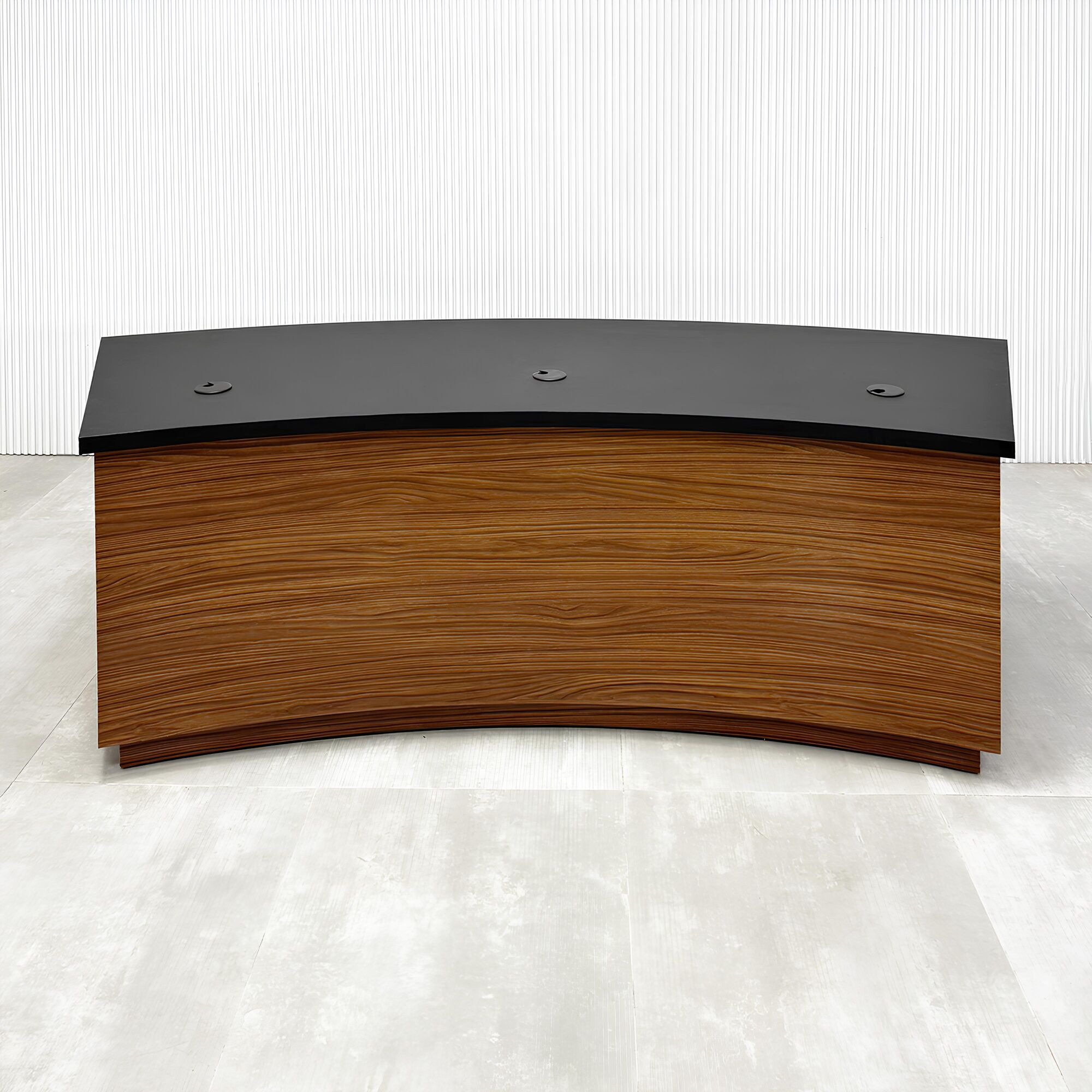 90-inch Seattle Podcast Table with black traceless laminate top, black matte laminate inside, walnut heights laminate front, and white LED.