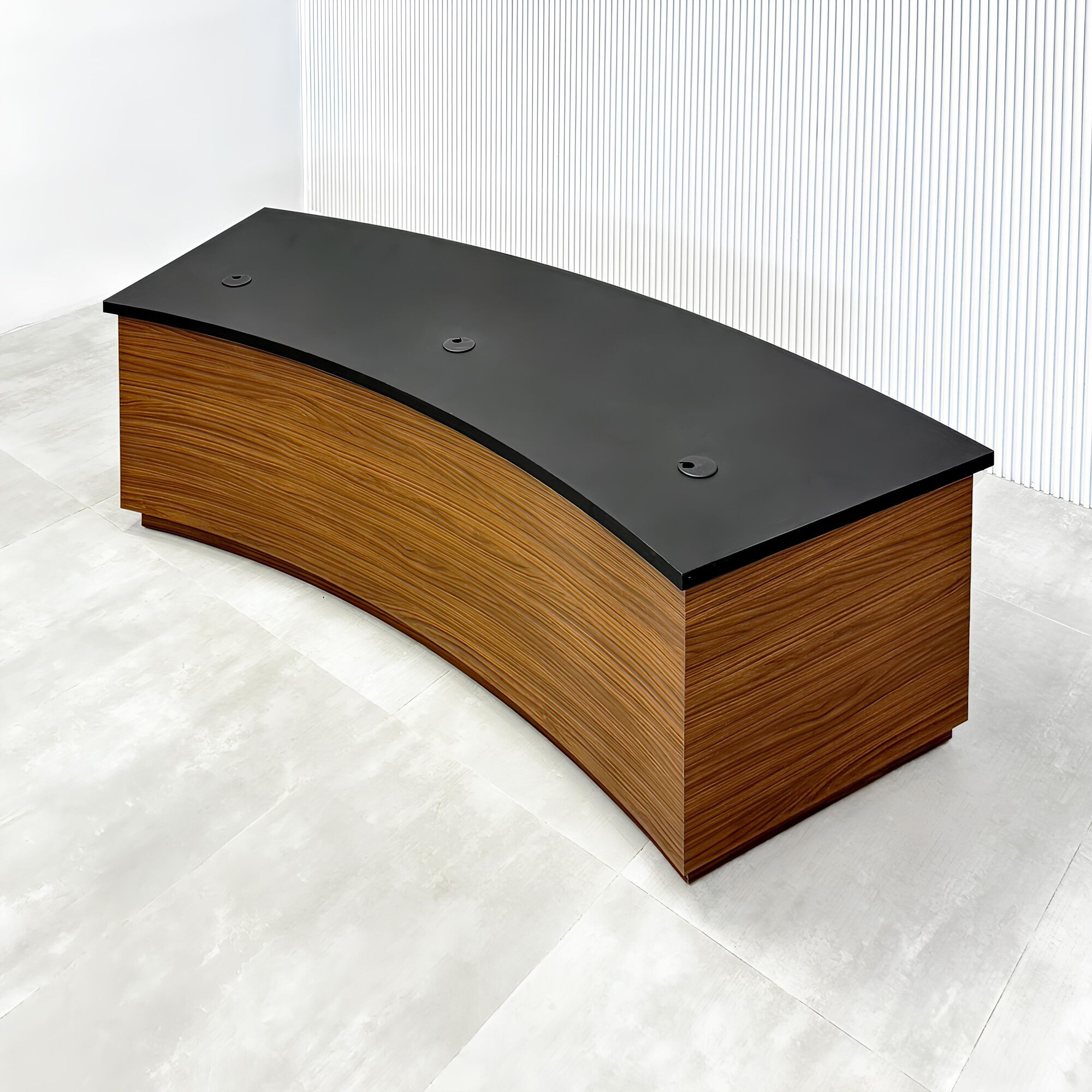 90-inch Seattle Podcast Table with black traceless laminate top, black matte laminate inside, walnut heights laminate front, and white LED.
