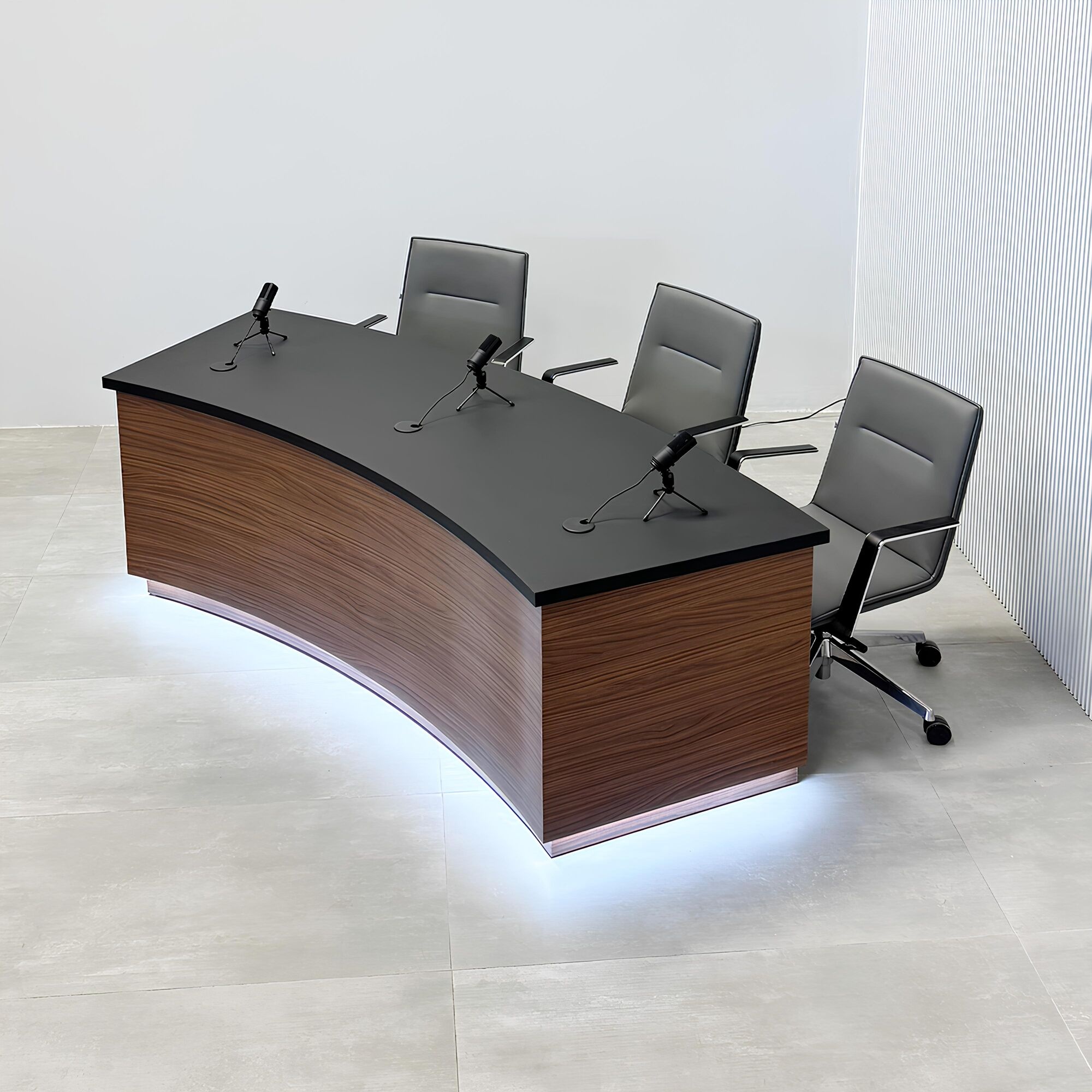 90-inch Seattle Podcast Table with black traceless laminate top, black matte laminate inside, walnut heights laminate front, and white LED.