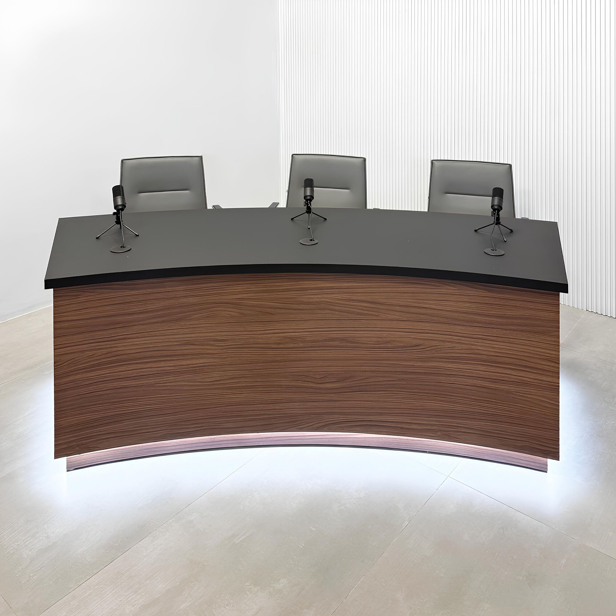 90-inch Seattle Podcast Table with black traceless laminate top, black matte laminate inside, walnut heights laminate front, and white LED.