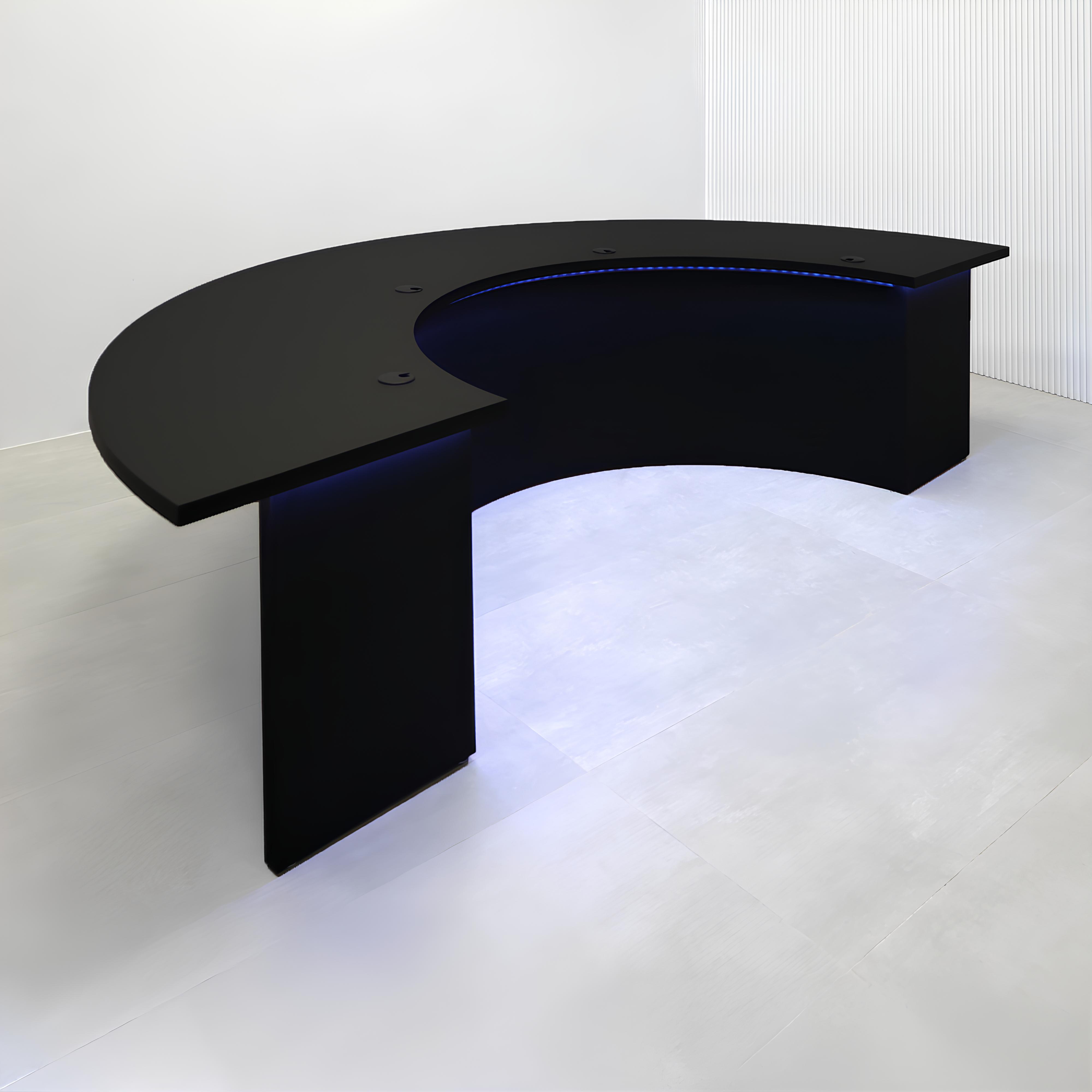 90-inch Half Moon Handmade Podcast Table with black traceless laminate top, black traceless laminate front of the base, black matte laminate back of the base, and Color LED.