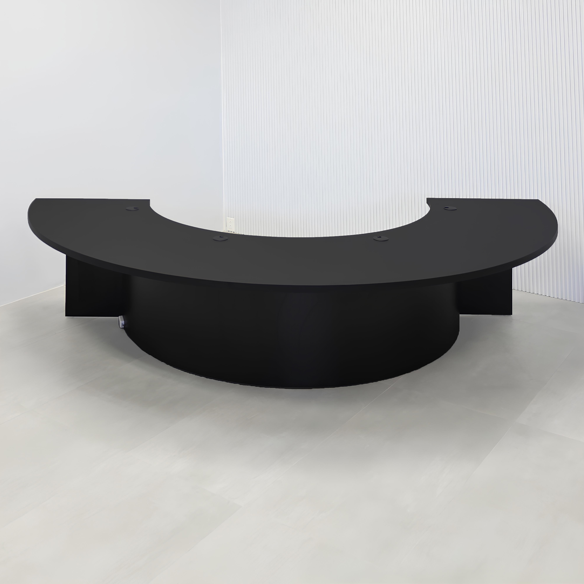90-inch Half Moon Handmade Podcast Table with black traceless laminate top, black traceless laminate front of the base, black matte laminate back of the base, and Color LED.