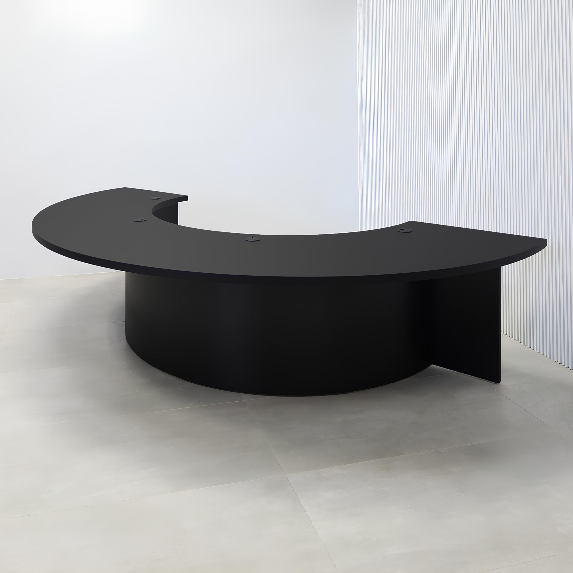 90-inch Half Moon Handmade Podcast Table with black traceless laminate top, black traceless laminate front of the base, black matte laminate back of the base, and Color LED.