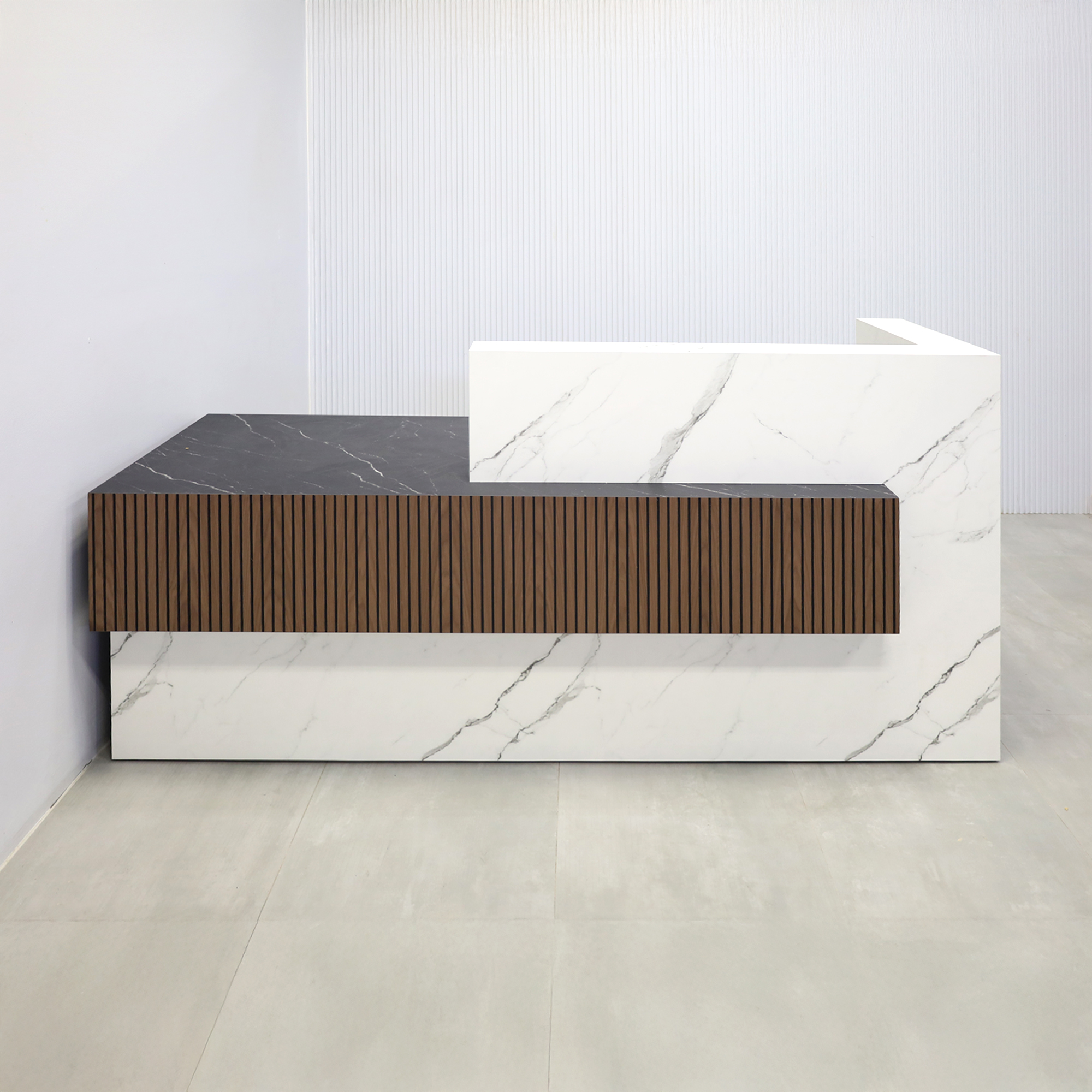 90_Atlanta Reception Desk with Calcutta Stone PVC laminate workspace, Black Stone Palazzo laminate front & counter, Walnut Veneer Tambour & Black Background front accent, and white LED.