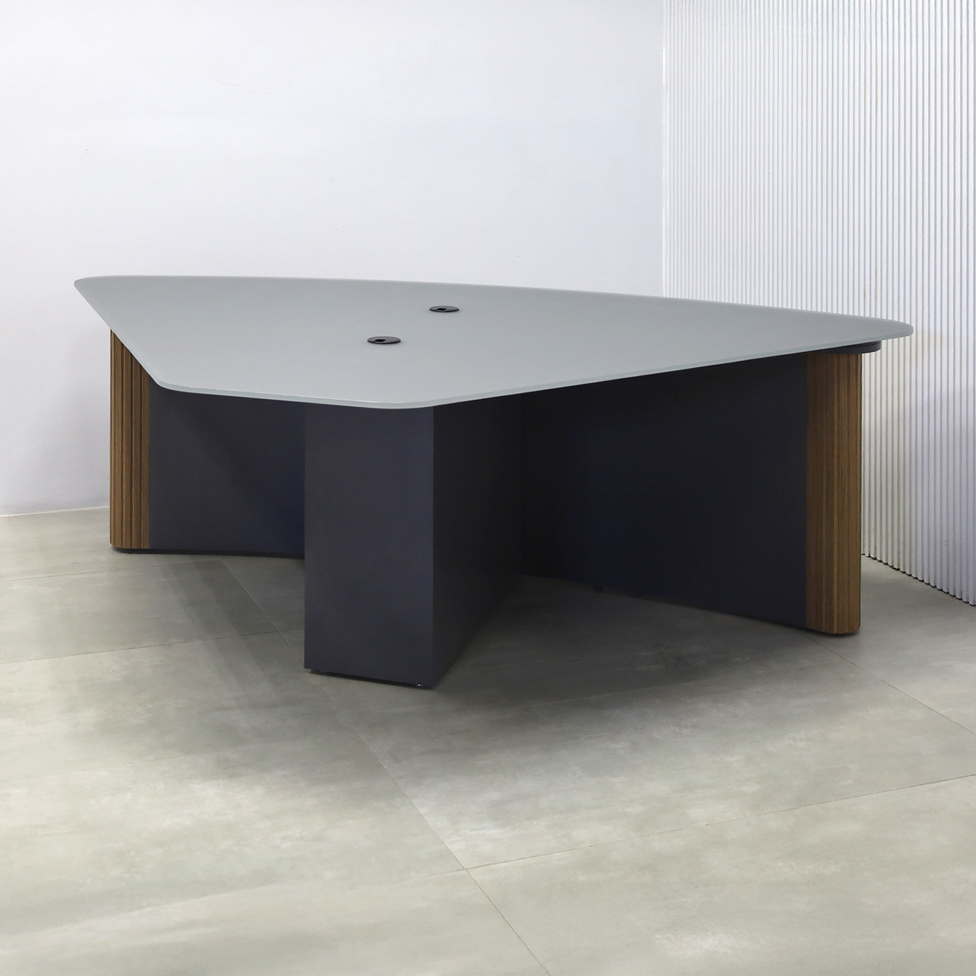 90-inch Madison Podcast Table with Dark Gray Satin Tempered Glass top, Spiced Walnut & Natural tambour front base, and Storm Gray matte laminate back base.