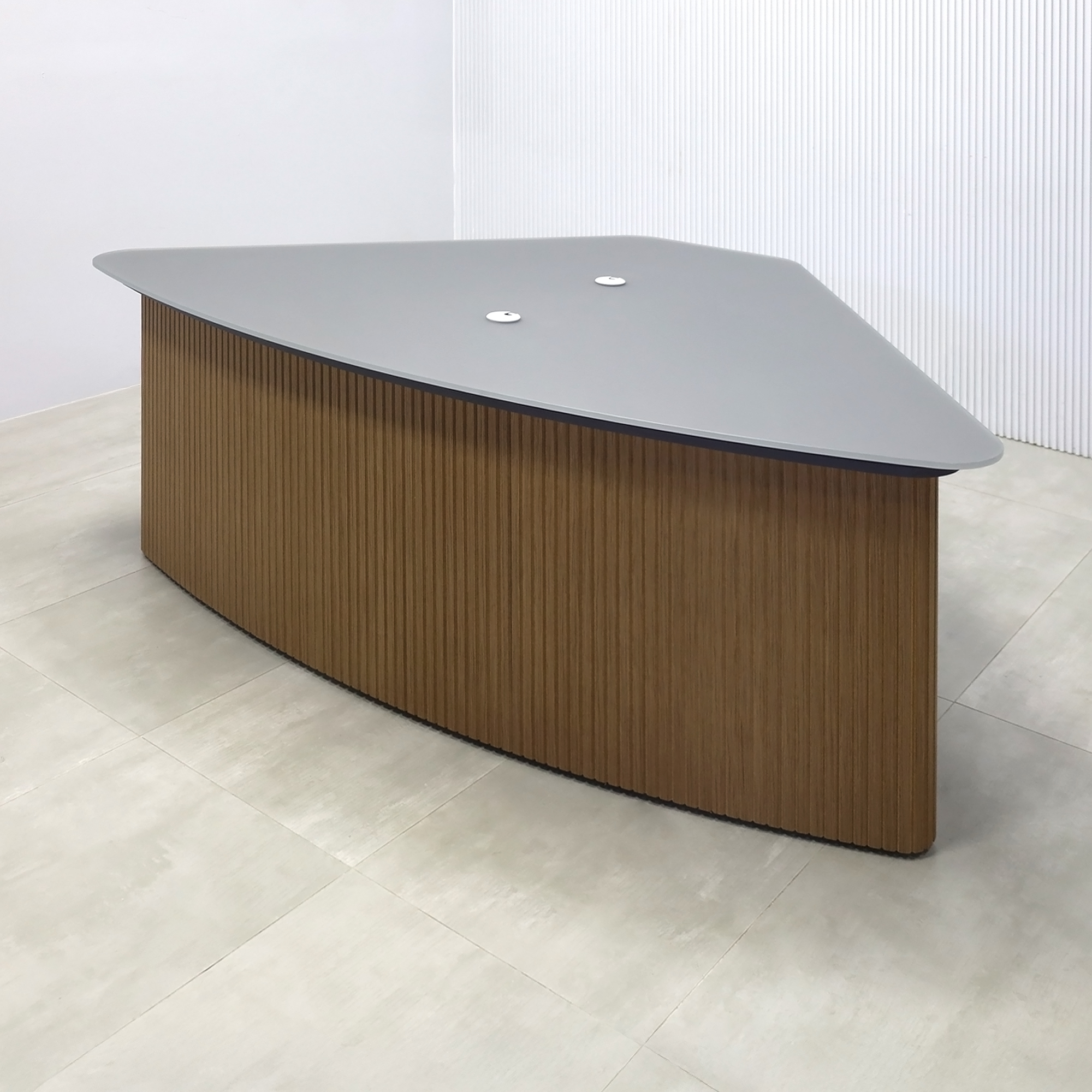 90-inch Madison Podcast Table with Dark Gray Satin Tempered Glass top, Spiced Walnut & Natural tambour front base, and Storm Gray matte laminate back base.