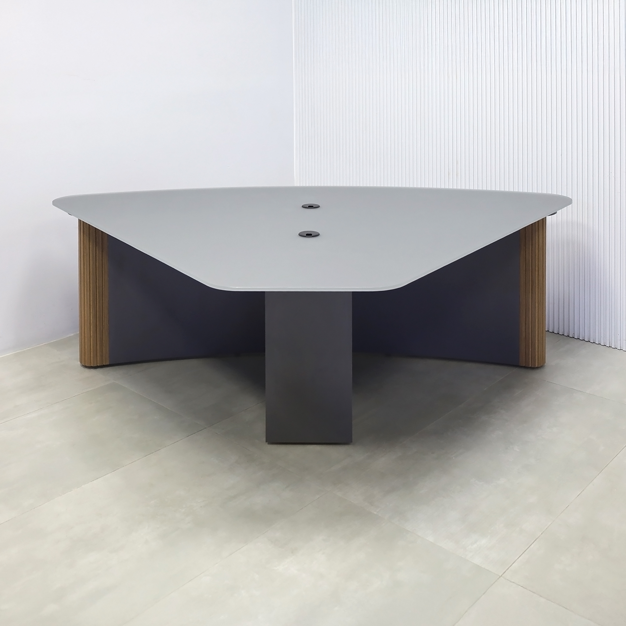 90-inch Madison Podcast Table with Dark Gray Satin Tempered Glass top, Spiced Walnut & Natural tambour front base, and Storm Gray matte laminate back base.