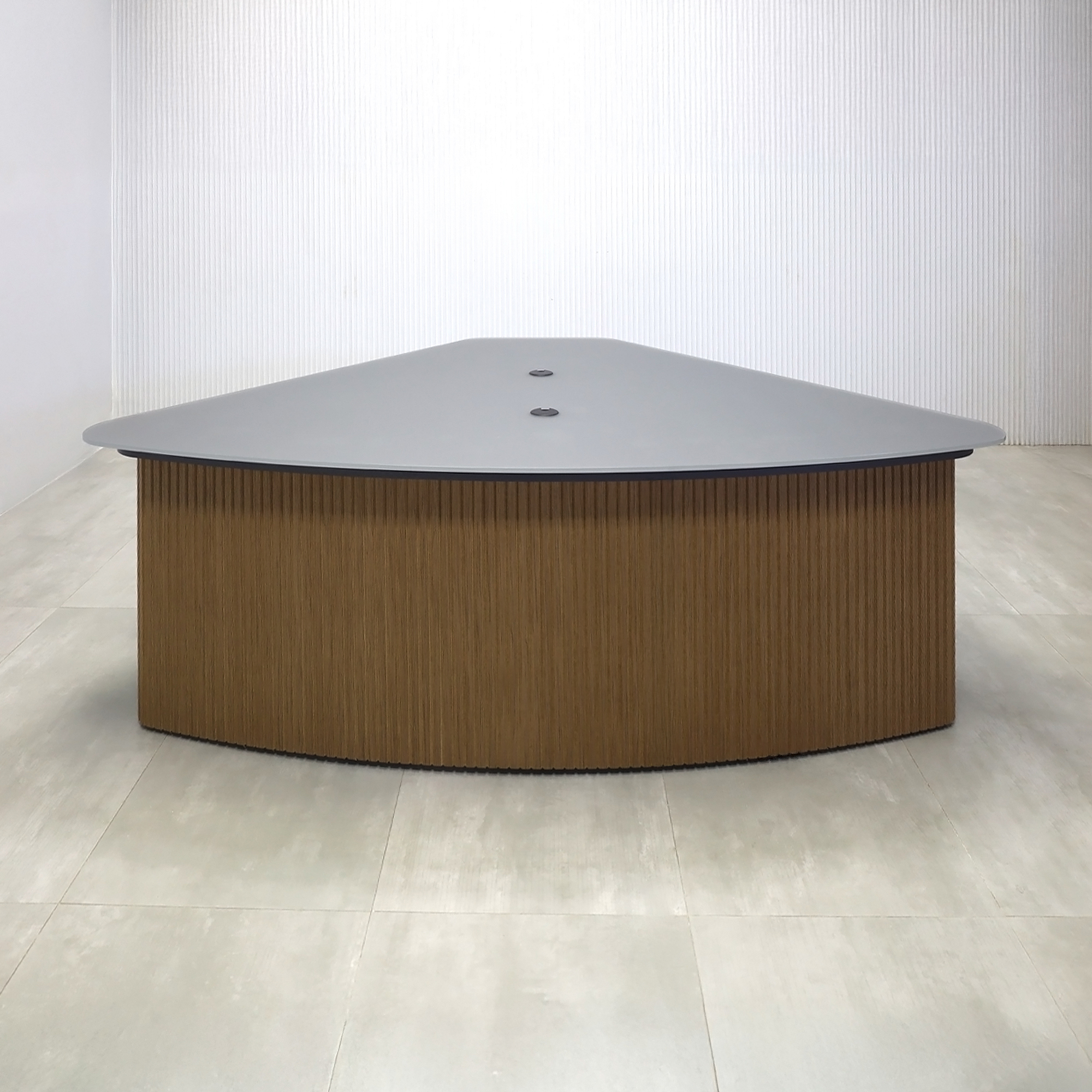 90-inch Madison Podcast Table with Dark Gray Satin Tempered Glass top, Spiced Walnut & Natural tambour front base, and Storm Gray matte laminate back base.