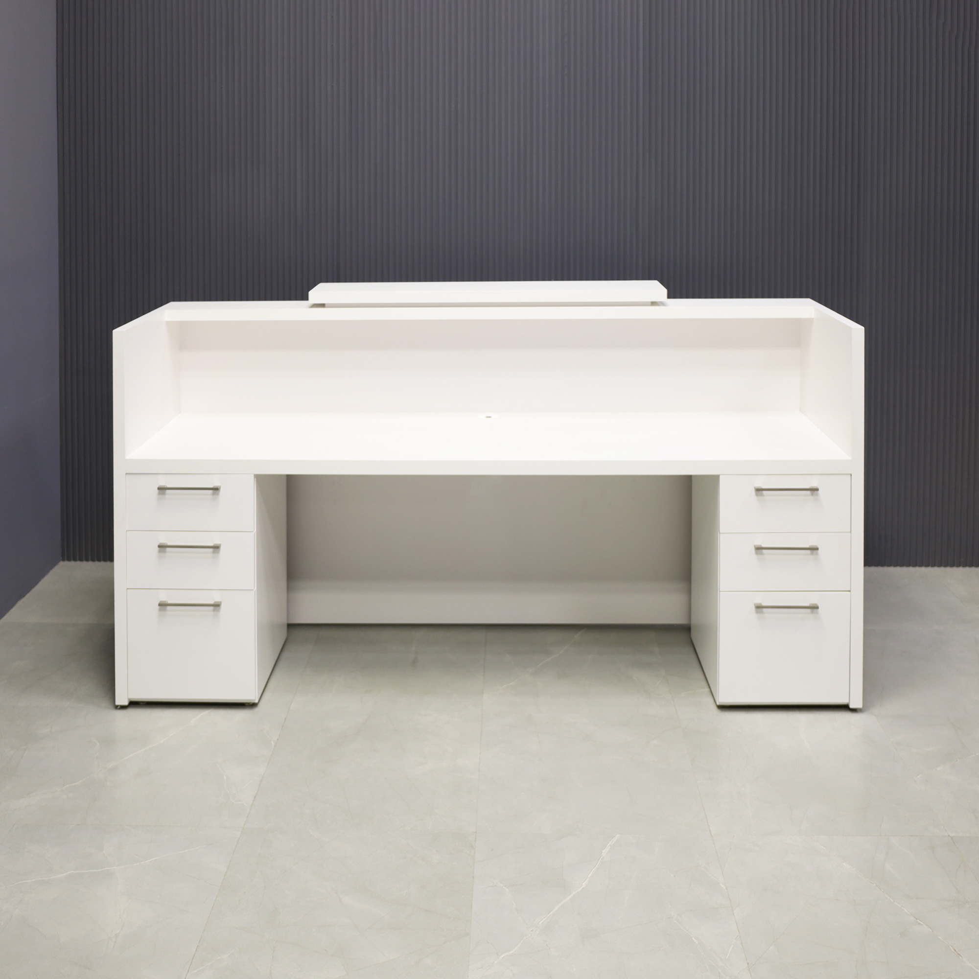90-inch Chicago Custom Reception Desk in dover off-white matte laminate counter and desk, and two built-in storages, shown here.