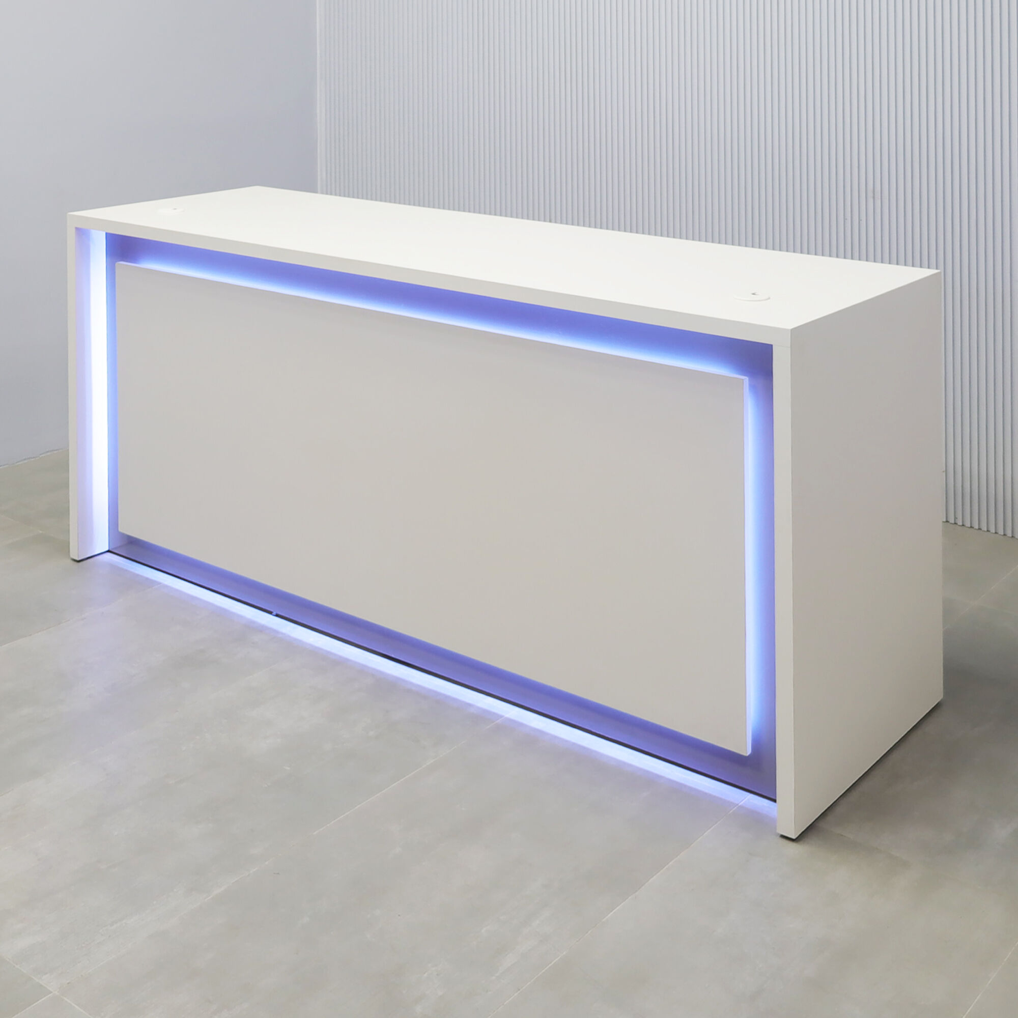 90-inch New York Straight Retail Custom Reception Desk in dover off-white matte Laminate desk and color-changing LED.
