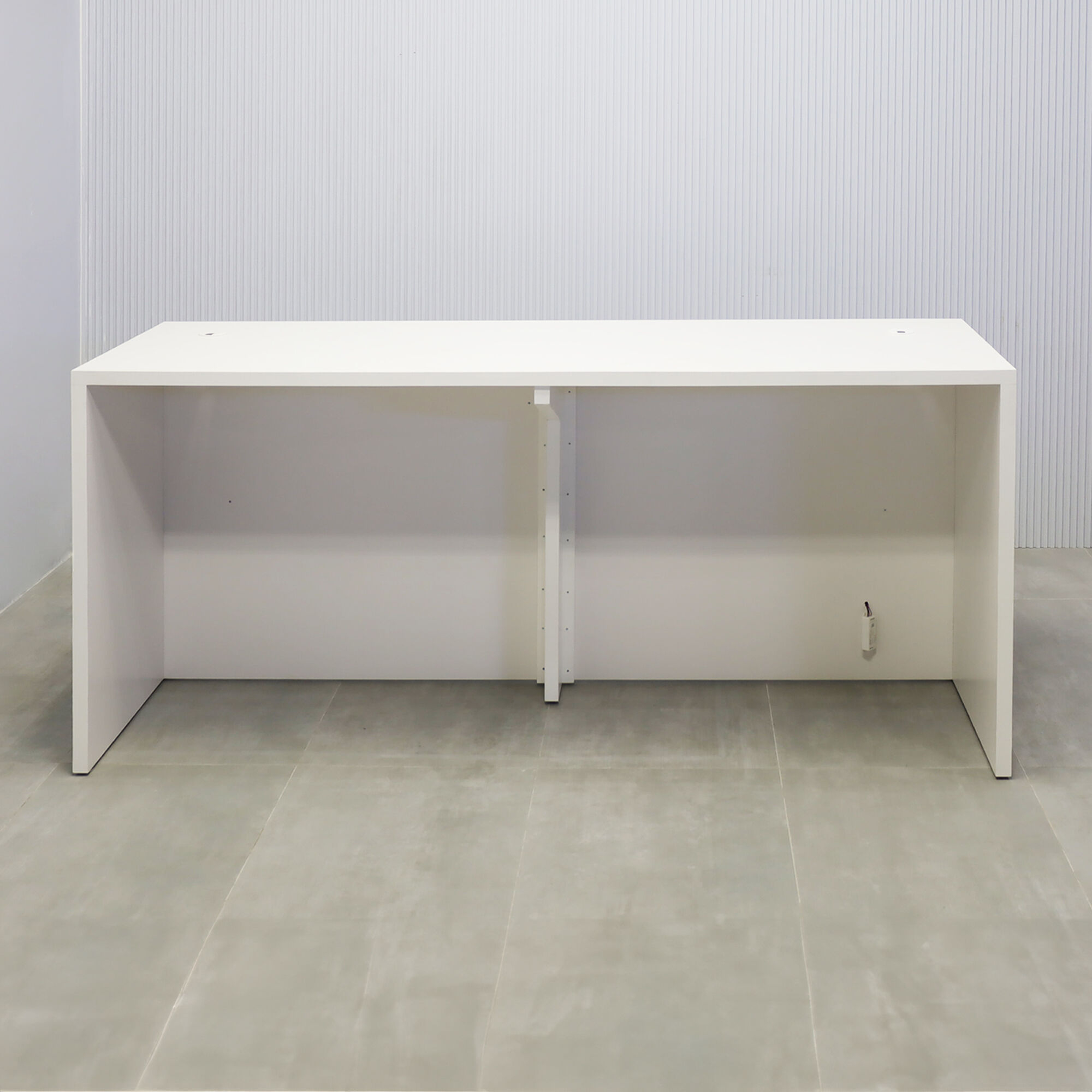 90-inch New York Straight Retail Custom Reception Desk in dover off-white matte Laminate desk and color-changing LED.
