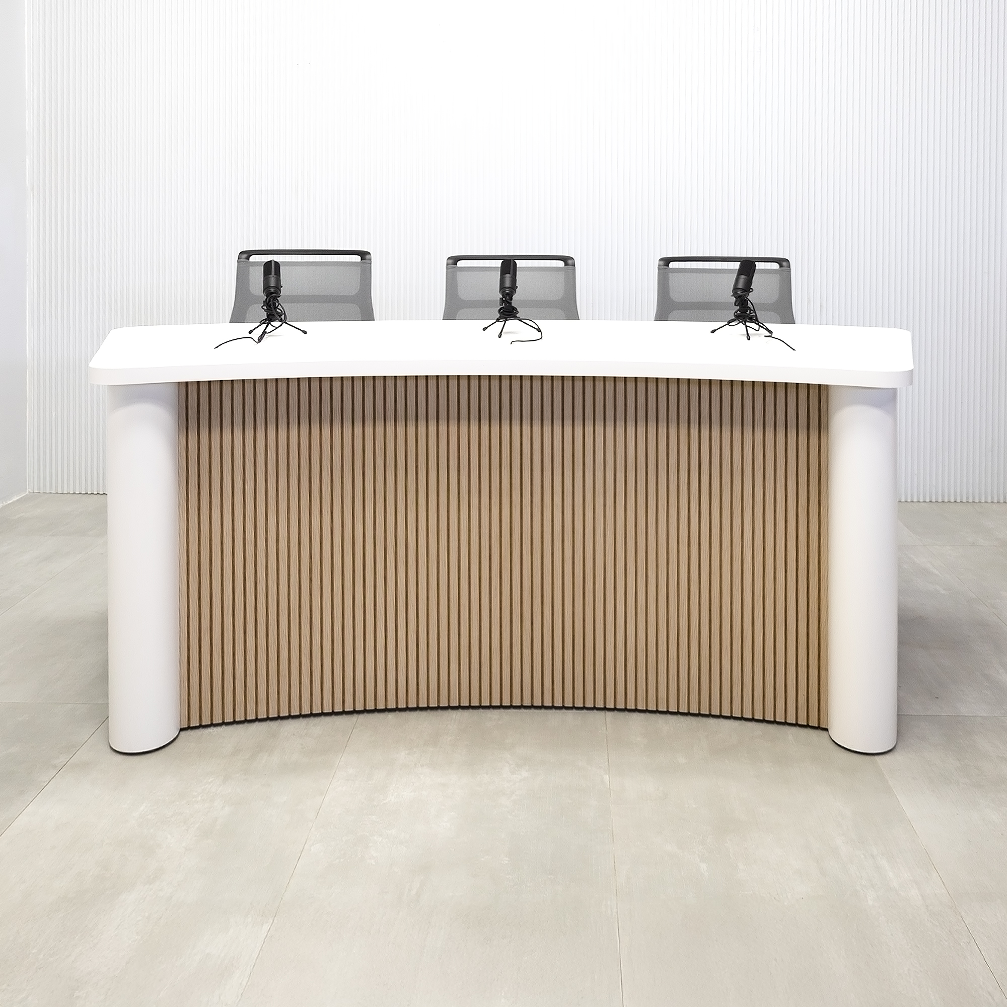 90-inch Moab Podcast Table with Dover Off-White matte laminate top, and  Dover Off-White laminate column and back. Washed Oak tambour front panel.