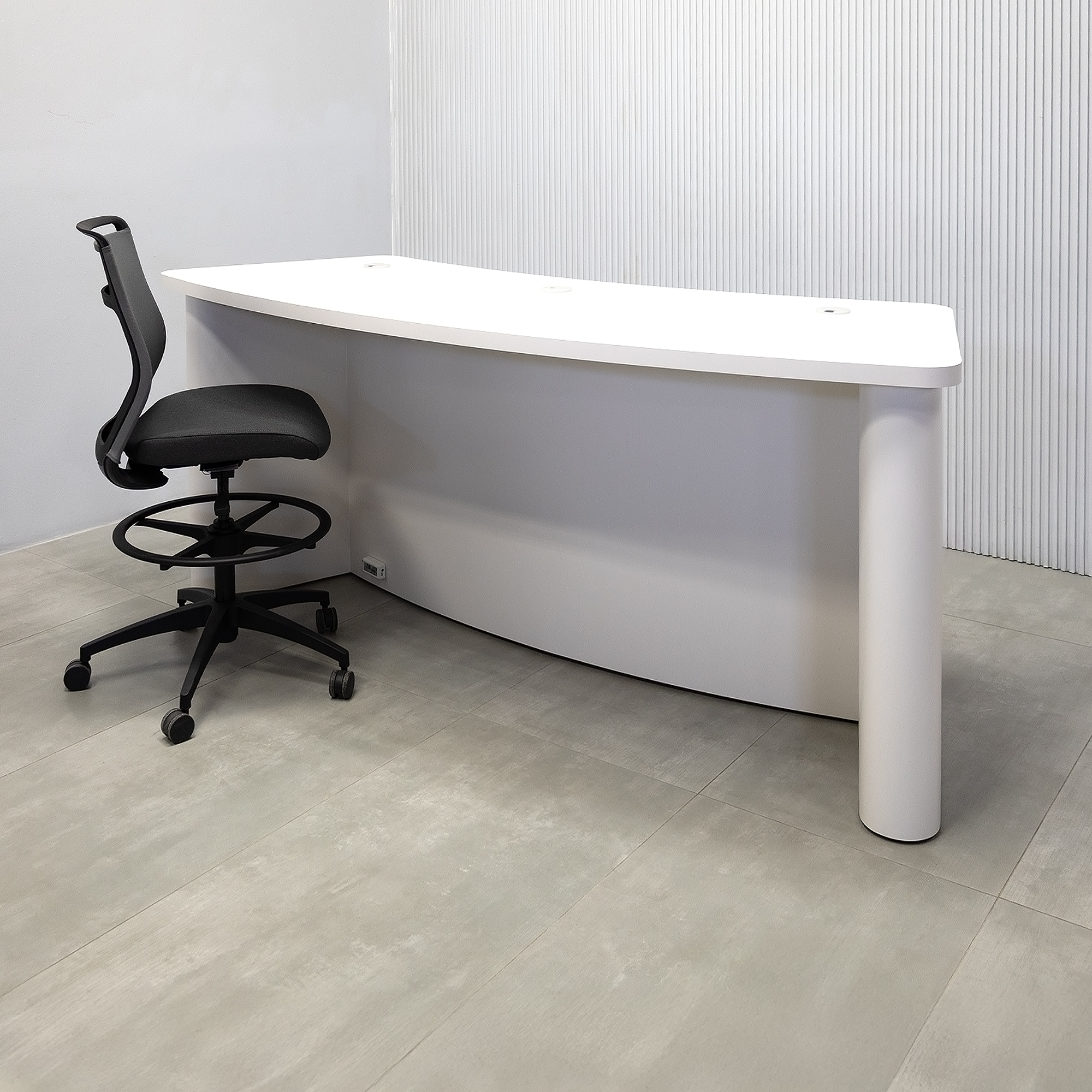 90-inch Moab Podcast Table with Dover Off-White matte laminate top, and  Dover Off-White laminate column and back. Washed Oak tambour front panel.