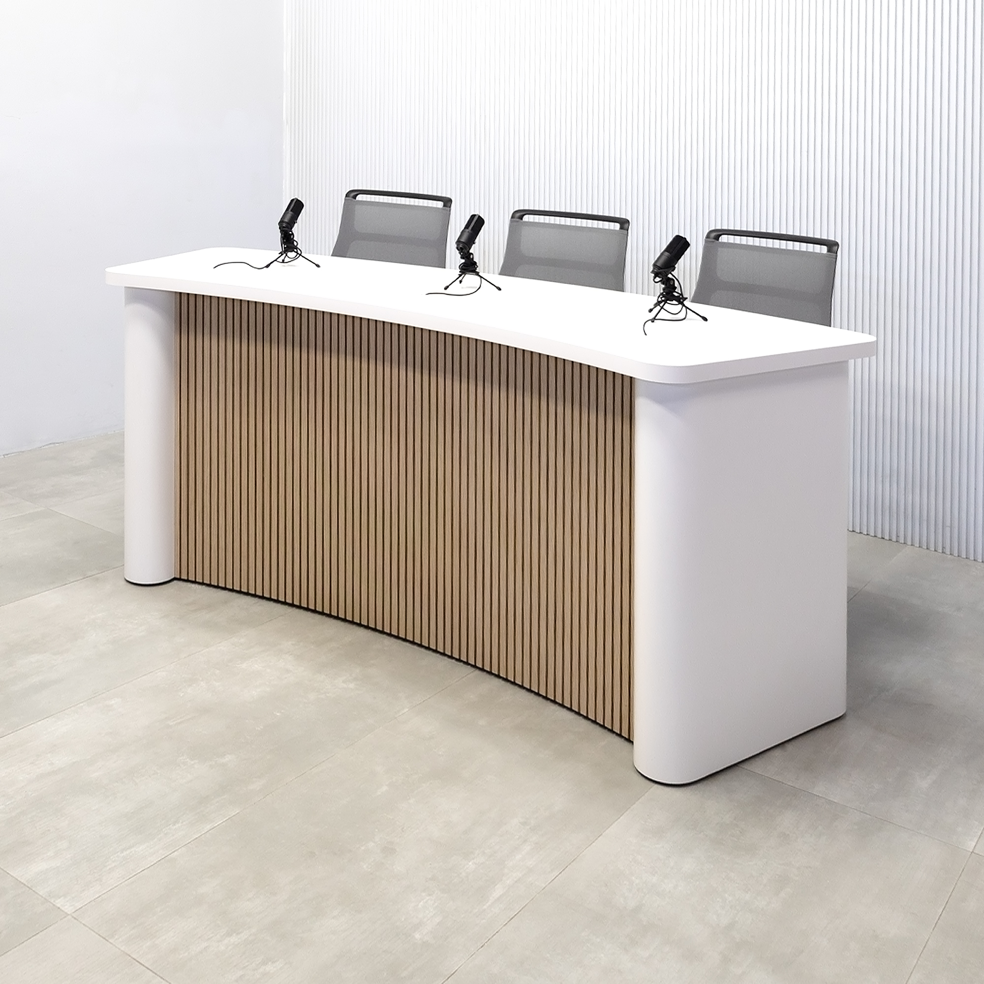 90-inch Moab Podcast Table with Dover Off-White matte laminate top, and  Dover Off-White laminate column and back. Washed Oak tambour front panel.