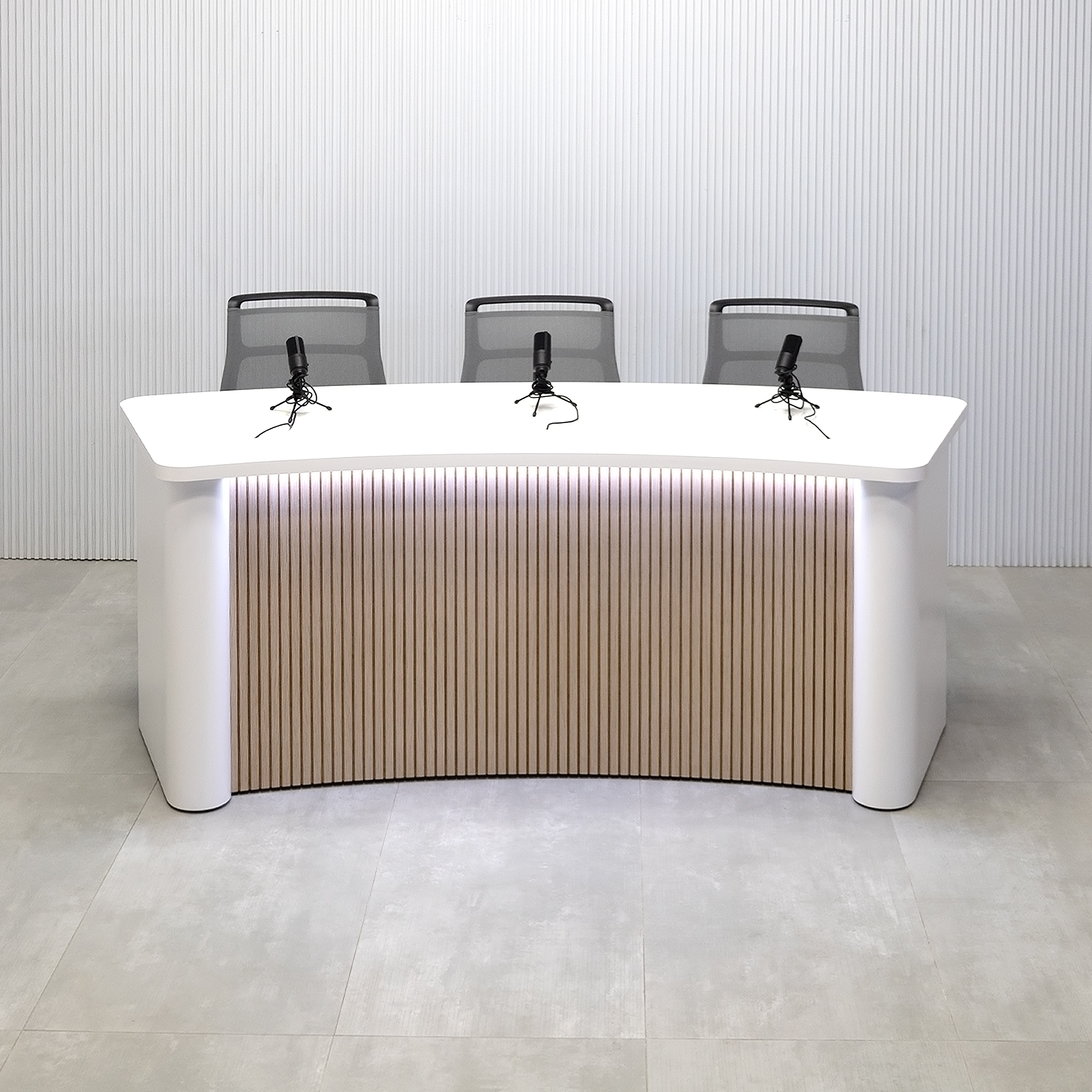 90-inch Moab Podcast Table with Dover Off-White matte laminate top, and  Dover Off-White laminate column and back. Washed Oak tambour front panel.