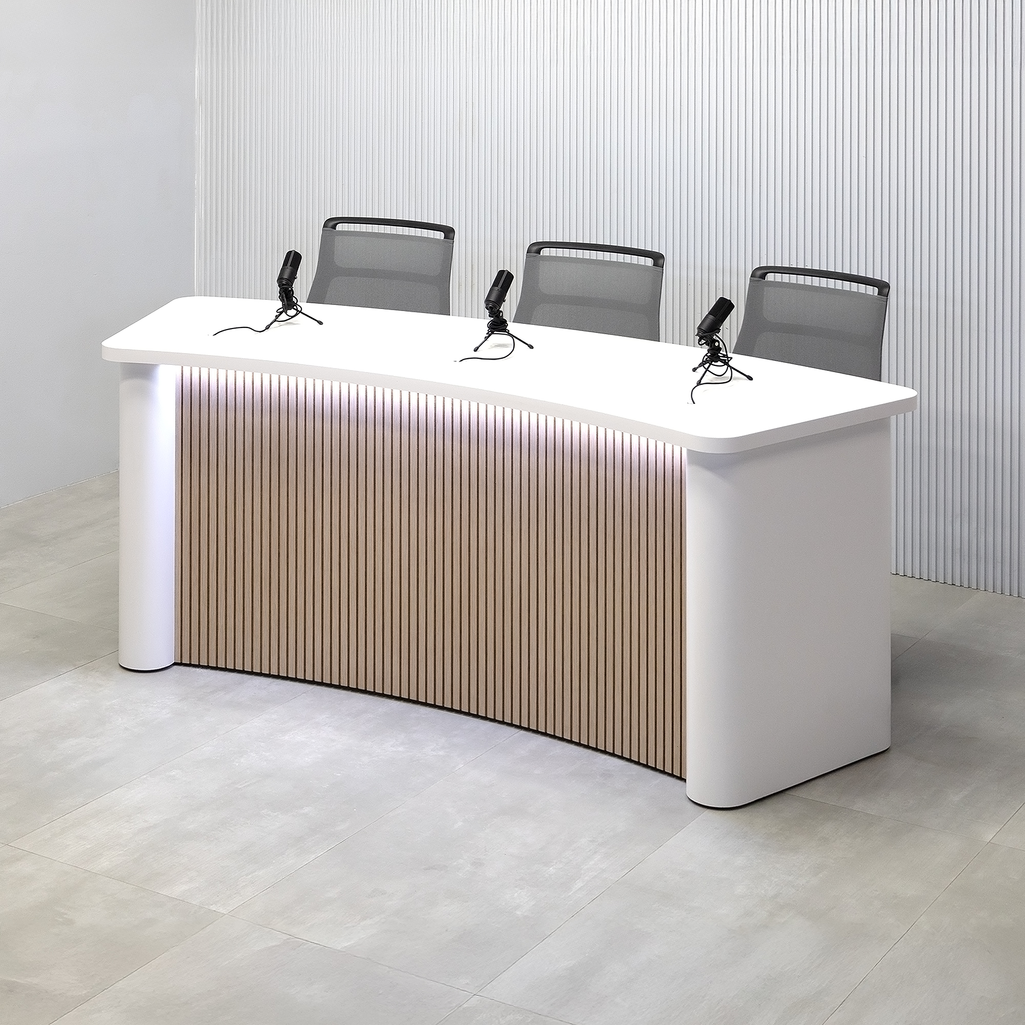 90-inch Moab Podcast Table with Dover Off-White matte laminate top, and  Dover Off-White laminate column and back. Washed Oak tambour front panel.