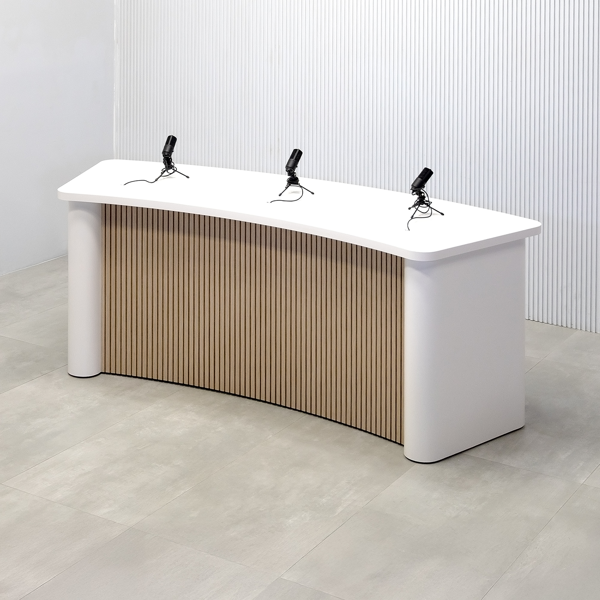 90-inch Moab Podcast Table with Dover Off-White matte laminate top, and  Dover Off-White laminate column and back. Washed Oak tambour front panel.