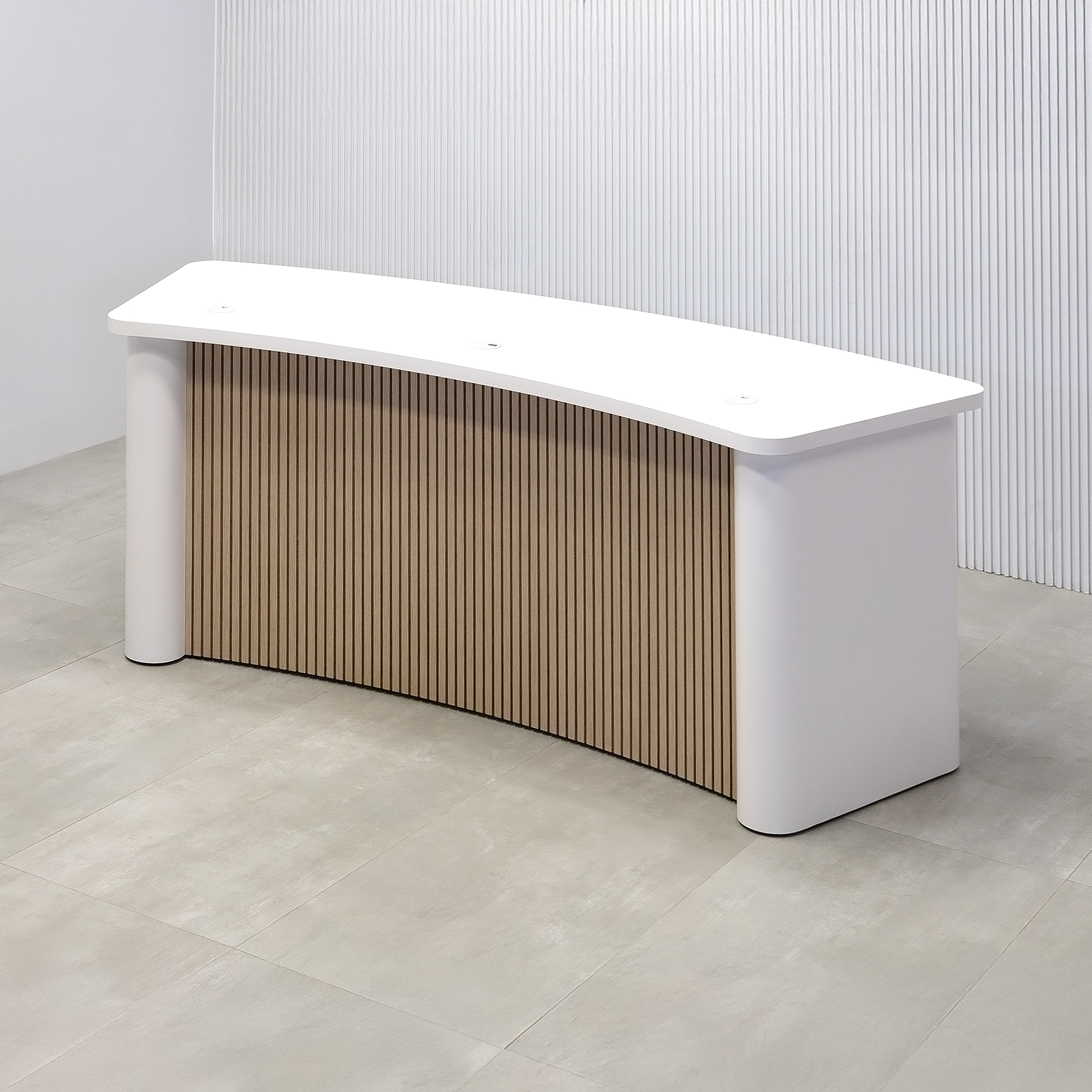90-inch Moab Podcast Table with Dover Off-White matte laminate top, and  Dover Off-White laminate column and back. Washed Oak tambour front panel.