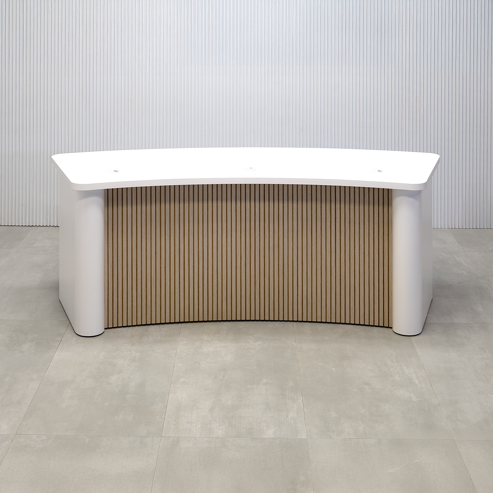 90-inch Moab Podcast Table with Dover Off-White matte laminate top, and  Dover Off-White laminate column and back. Washed Oak tambour front panel.