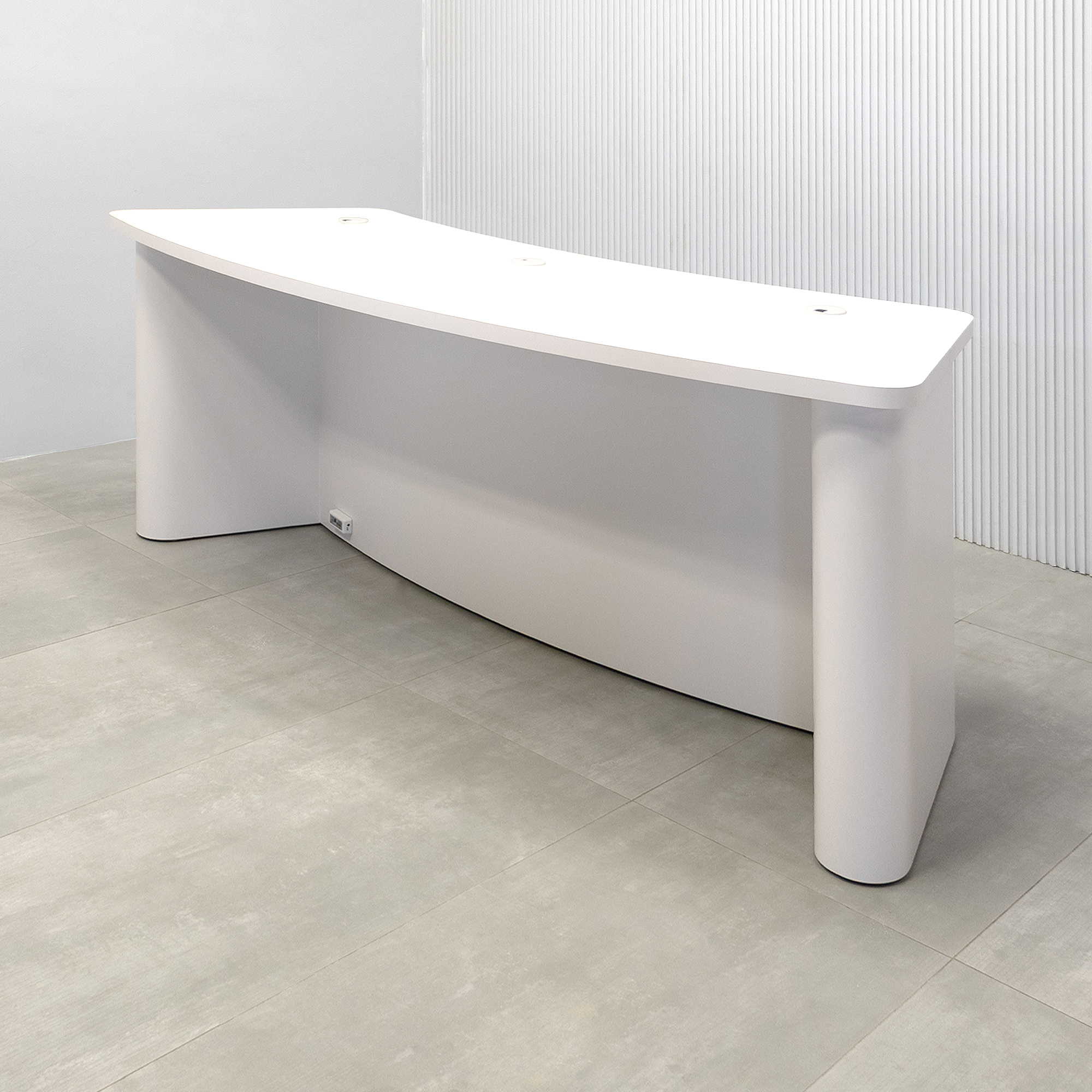 90-inch Moab Podcast Table with Dover Off-White matte laminate top, and  Dover Off-White laminate column and back. Washed Oak tambour front panel.