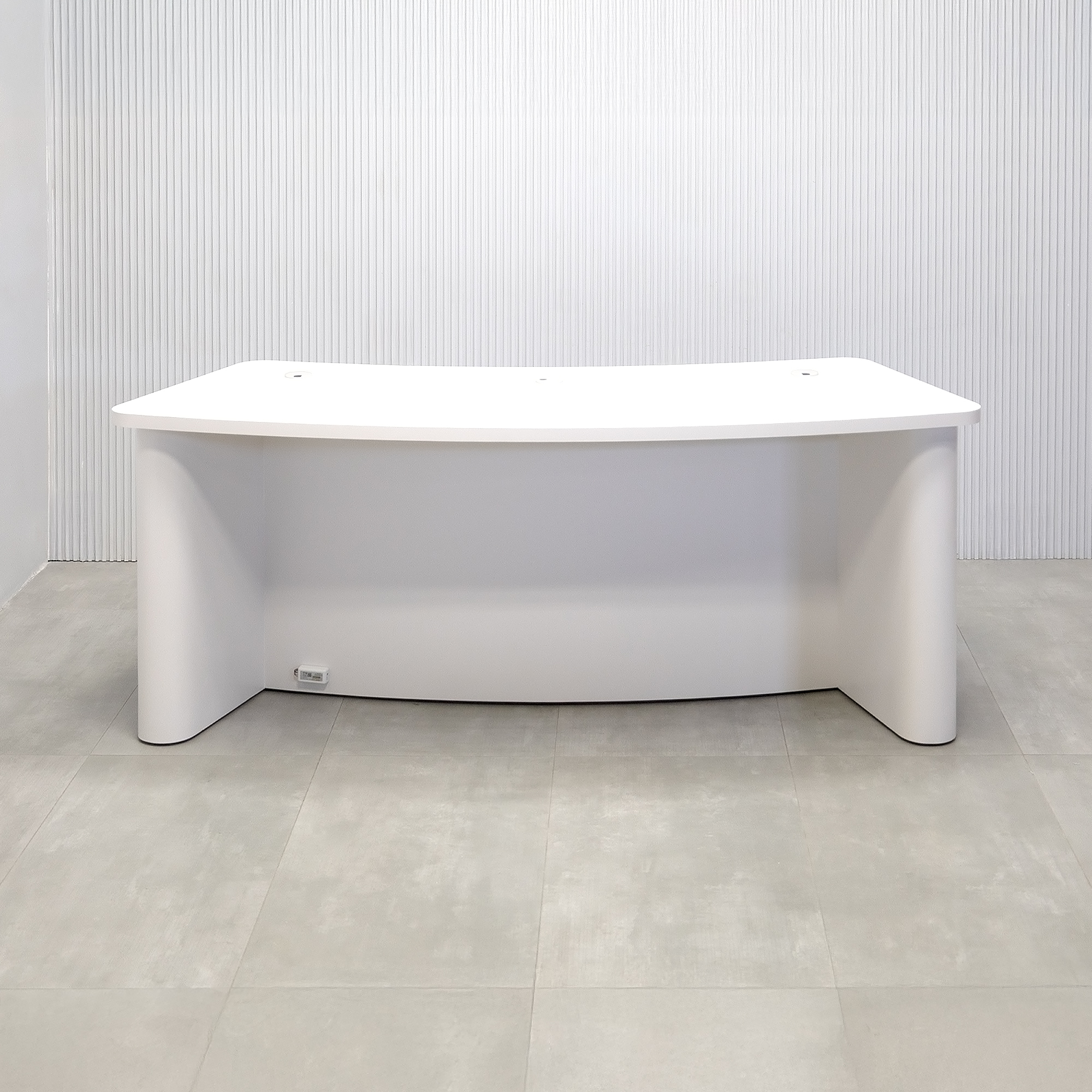 90-inch Moab Podcast Table with Dover Off-White matte laminate top, and  Dover Off-White laminate column and back. Washed Oak tambour front panel.