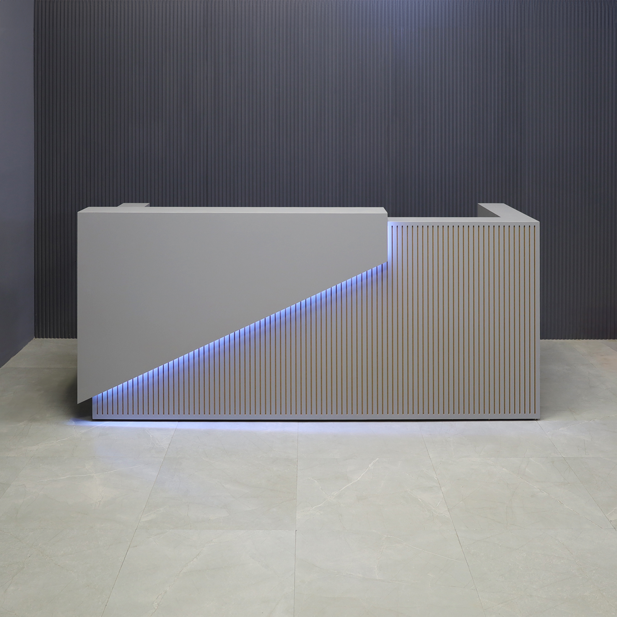 Miami Custom Reception Desk in fog gray matte laminate counter, grooved front panel and desk, with color LED shown here.