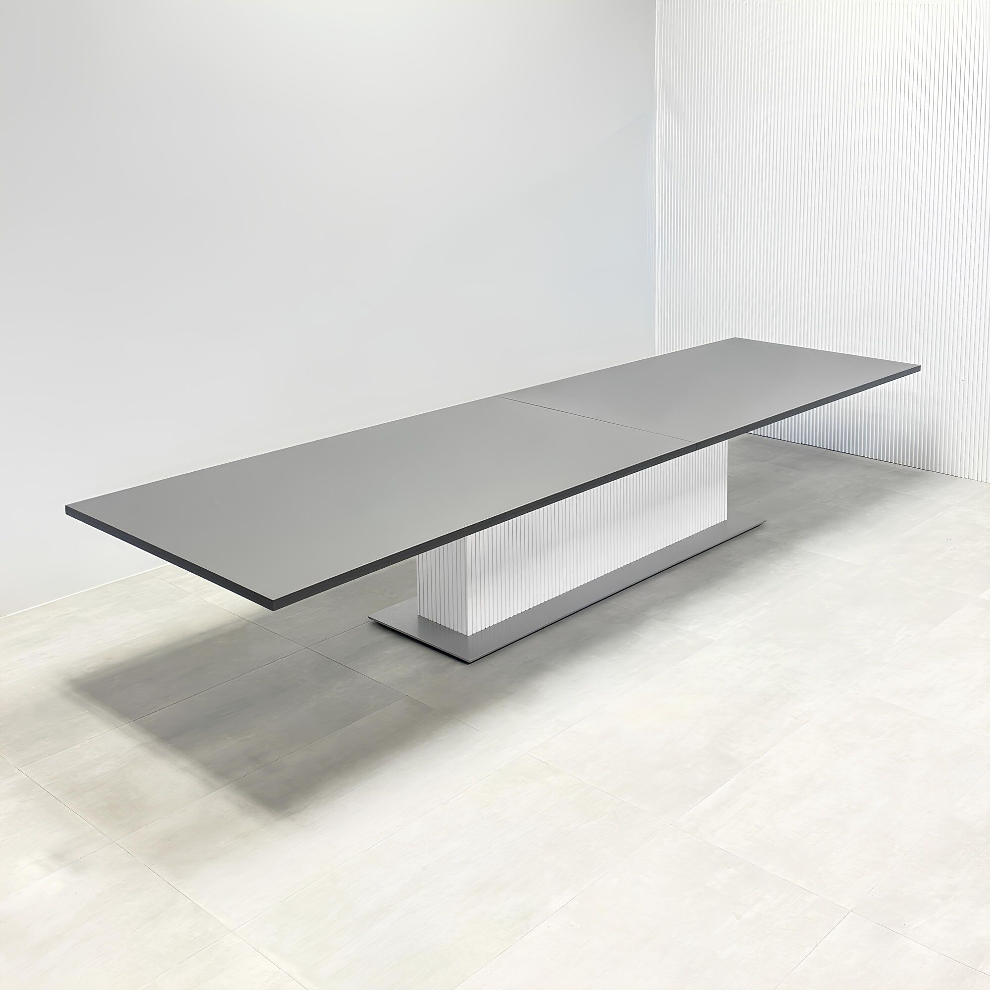 180_Newton Rectangular Conference Table with Laminate Top and X3 Base with storm gray matte laminate top, white matte laminate tambour pedestal, and metal powder coated silver base.