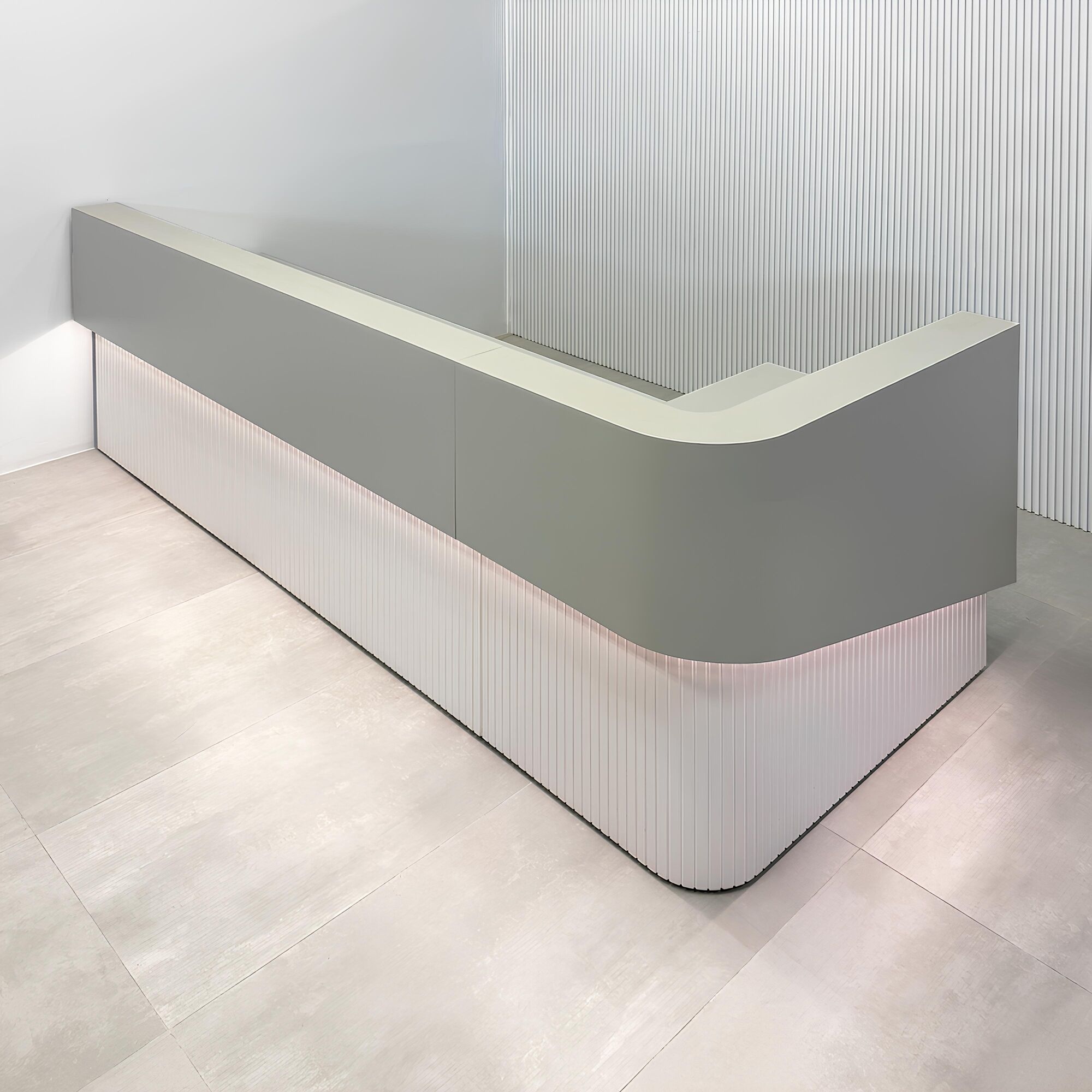 120-inch Nola L-Shape Curved Custom Reception Desk with folkstone gray matte laminate counter, white matte tambour bottom, white matte laminate workspace, with white LED.