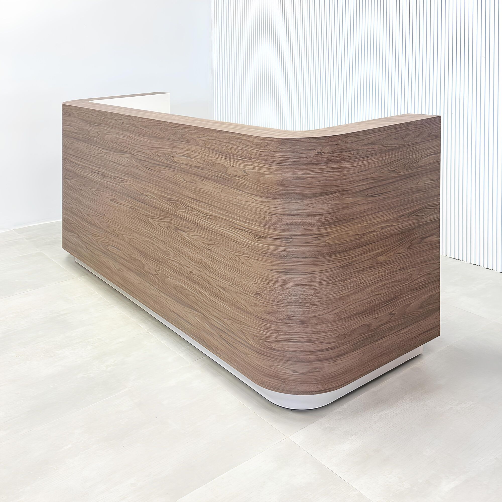 90-inch Nola Custom Reception Desk with hazel walnut matte laminate main desk, dover off-white workspace, dover off-white toe-kick, and warm white LED.