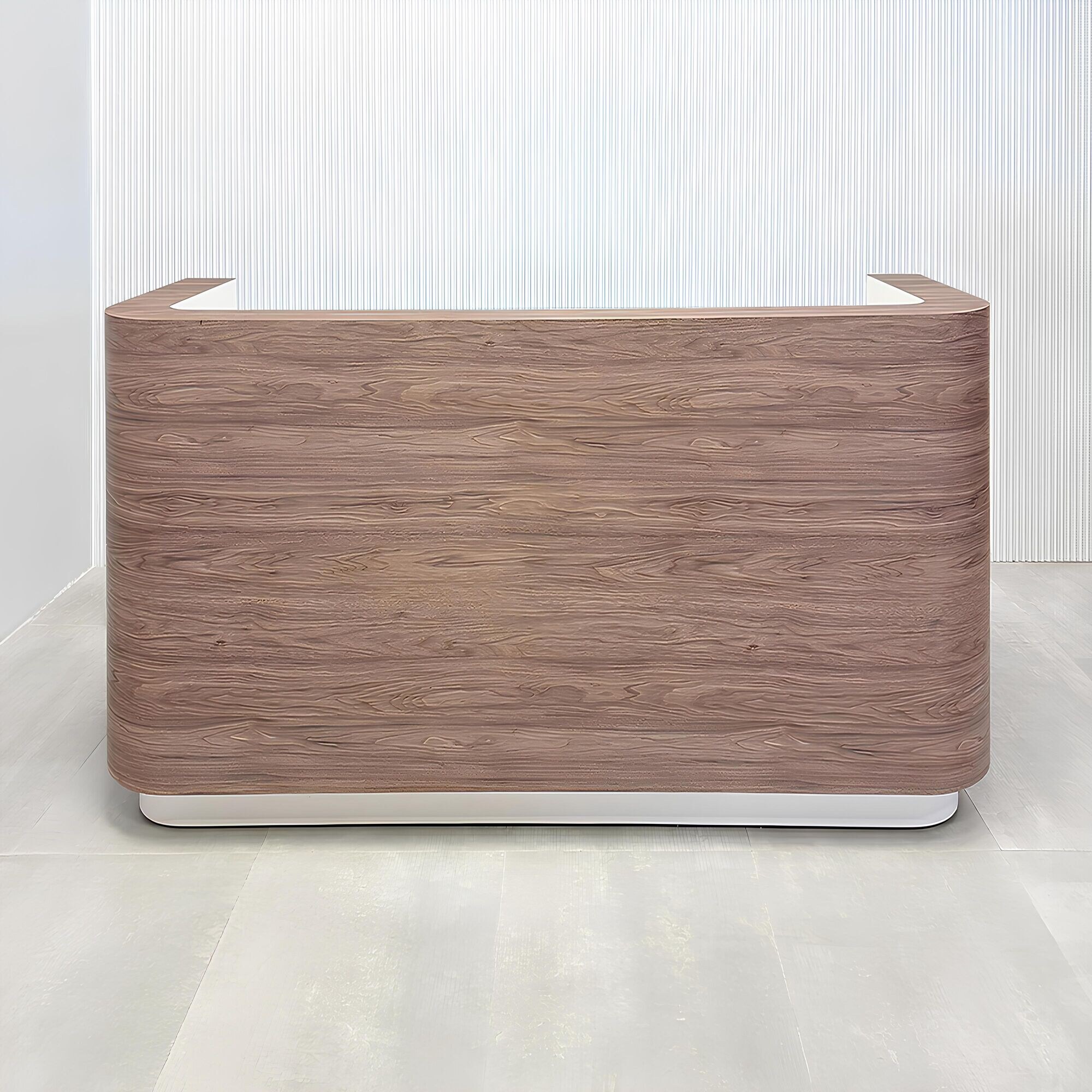 Nola Custom Reception Desk with hazel walnut matte laminate main desk, dover off-white workspace, dover off-white toe-kick, and warm white LED.