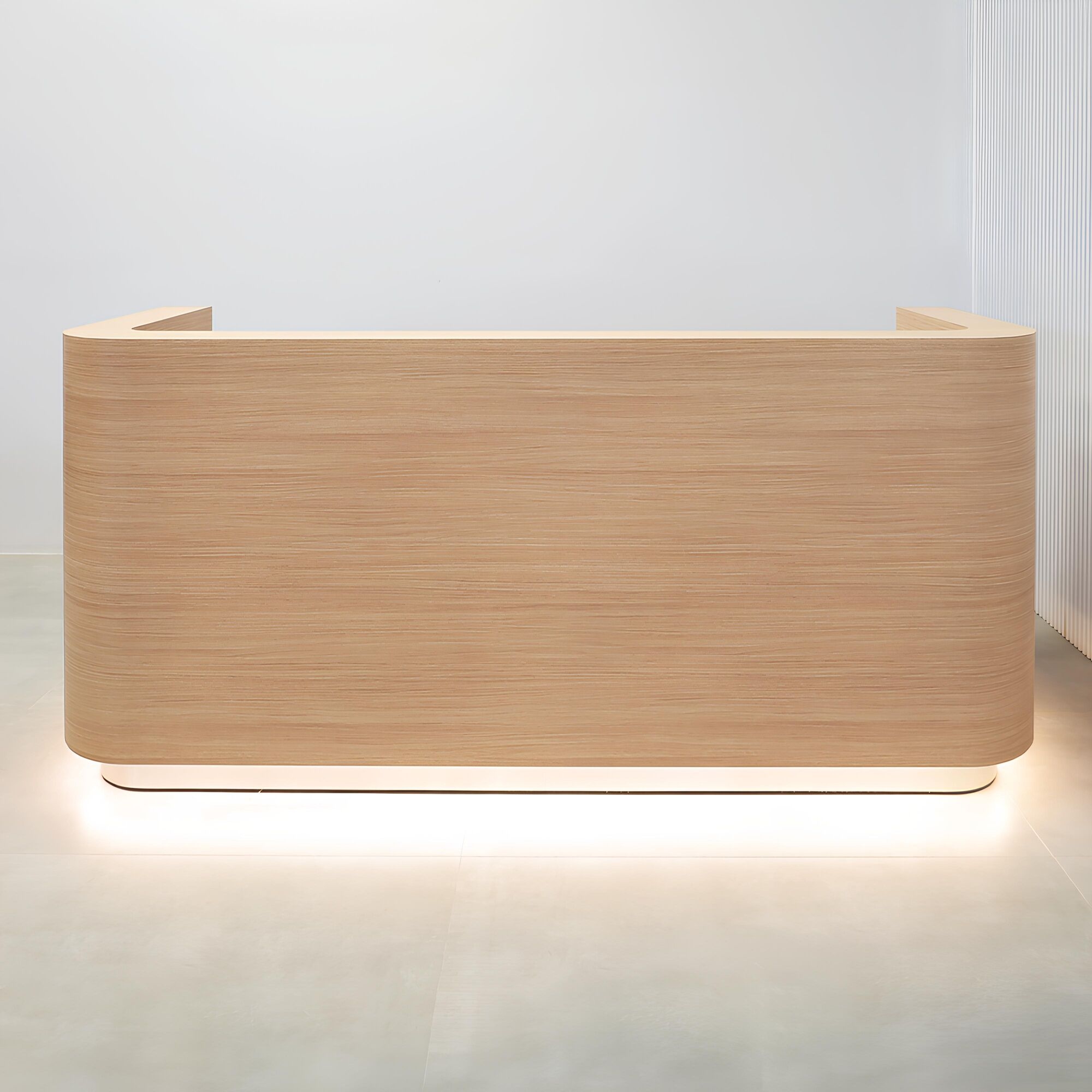 90-inch Nola Straight Reception Desk with light wood laminate main desk & accent, brushed aluminum toe-kick, and white LED.