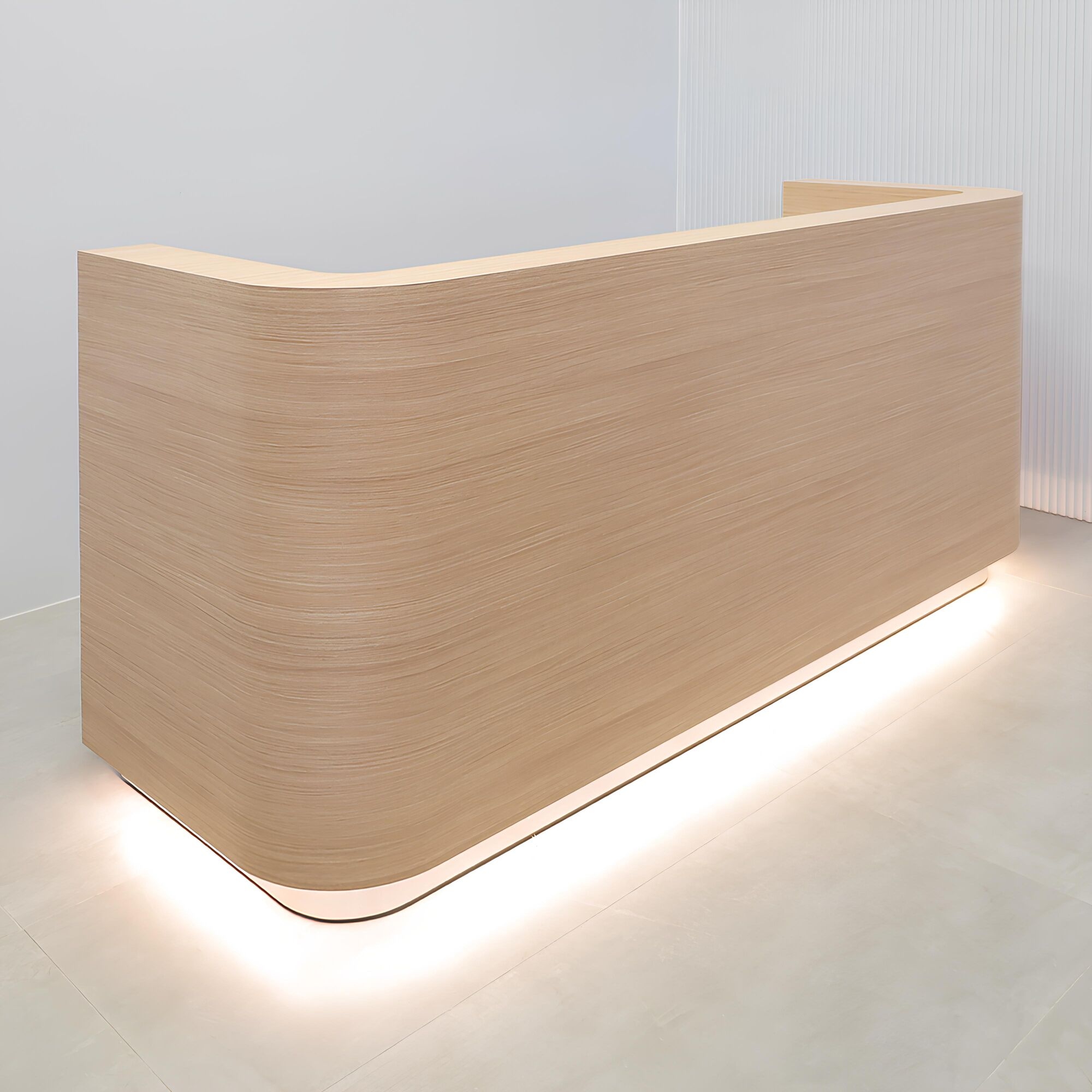 90-inch Nola Straight Reception Desk with light wood laminate main desk & accent, brushed aluminum toe-kick, and white LED.