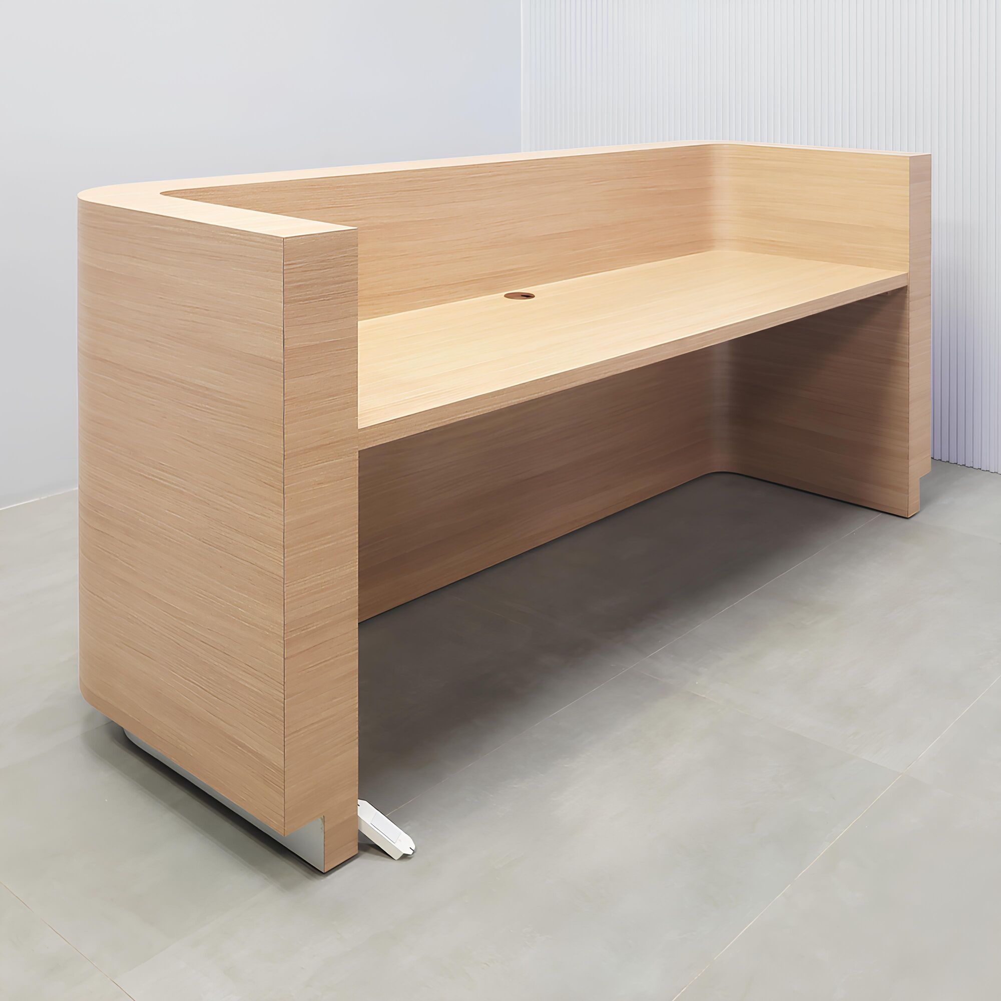 90-inch Nola Straight Reception Desk with light wood laminate main desk & accent, brushed aluminum toe-kick, and white LED.